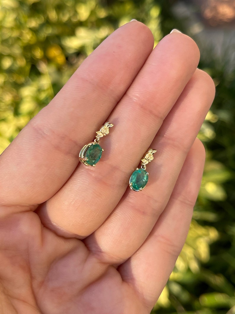 2.0tcw 14K Rose Gold Natural Green Oval Cut Emerald Floral Dangle Earrings for Women - Elegant Jewelry Gift for Bridal, Party & Special Occasions