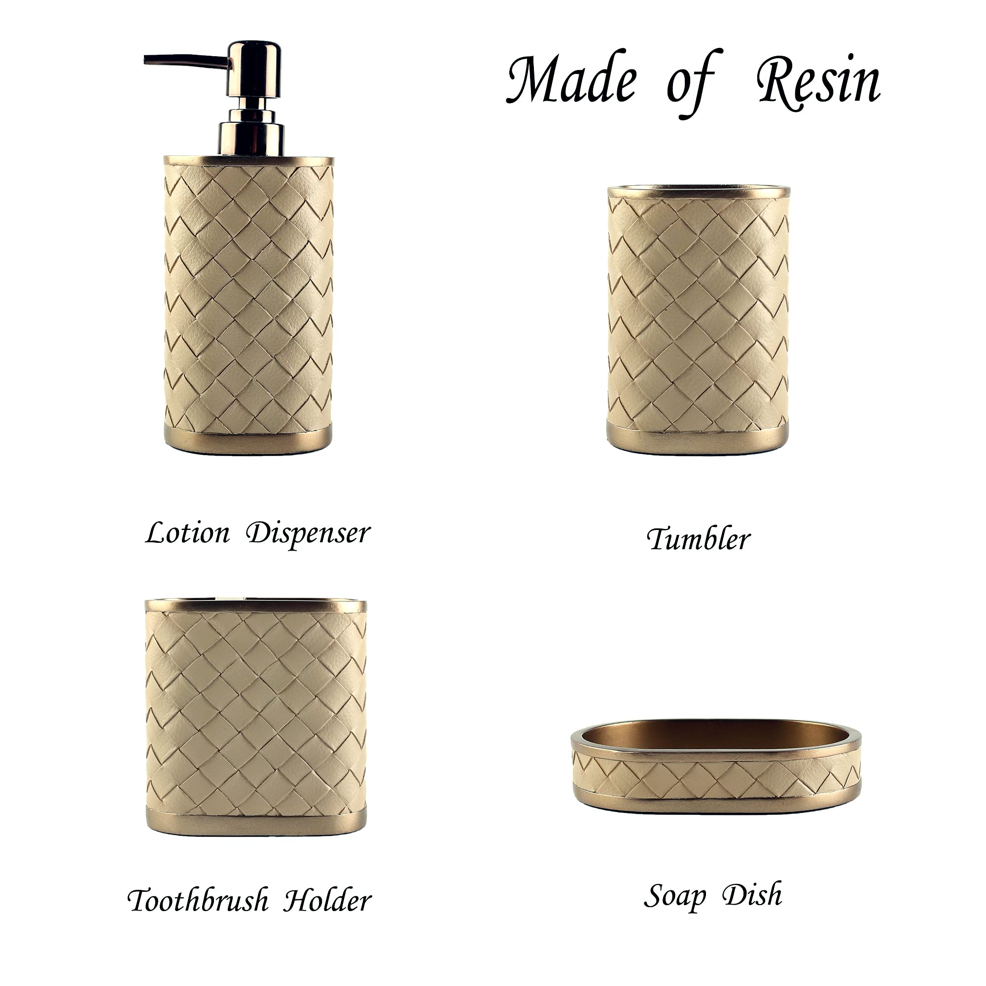 Farmhouse Bathroom Accessories Set - 4 Piece Resin Toothbrush Holder, Soap Dispenser, Soap Dish & Tumbler Gift Set | Rustic Apartment Decor Essentials for Modern Bathrooms