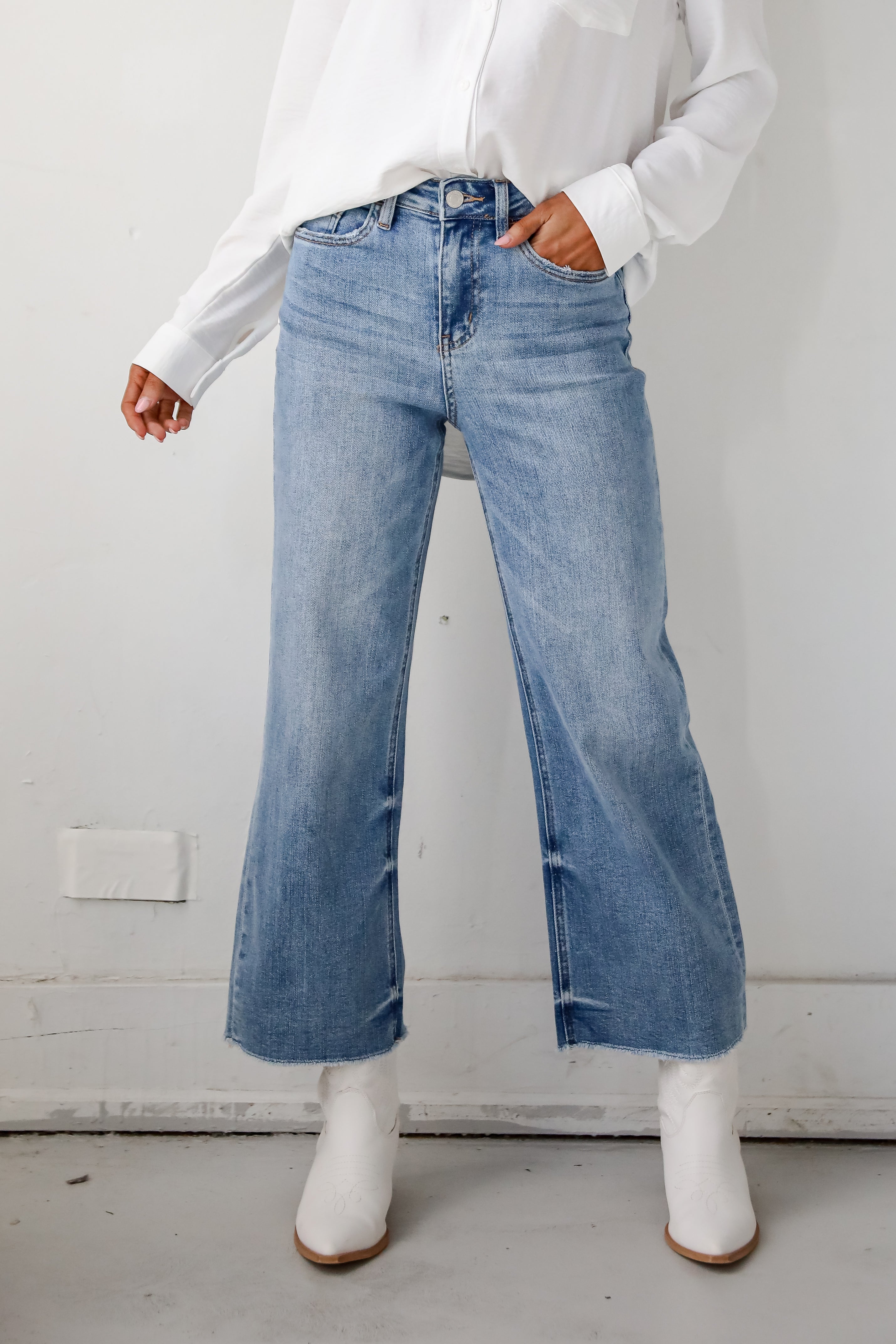 Abigail Medium Wash High Rise Wide Leg Jeans for Women - Comfortable Stretch Denim Pants for Casual Wear & Everyday Outfits