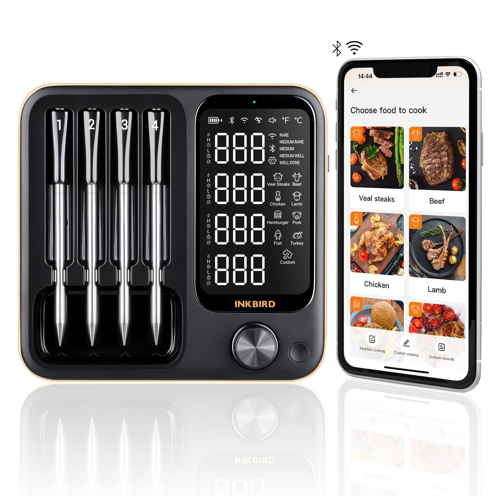 Inkbird IBBQ-4T WiFi Bluetooth Wireless Meat Thermometer with 4 Probes - Digital Cooking Thermometer for Grilling, Smoking, Rotisserie, Oven - Long Range Waterproof BBQ Thermometer for iOS & Android - Perfect for Backyard BBQ, Camping, and Home Kitchen Cooking