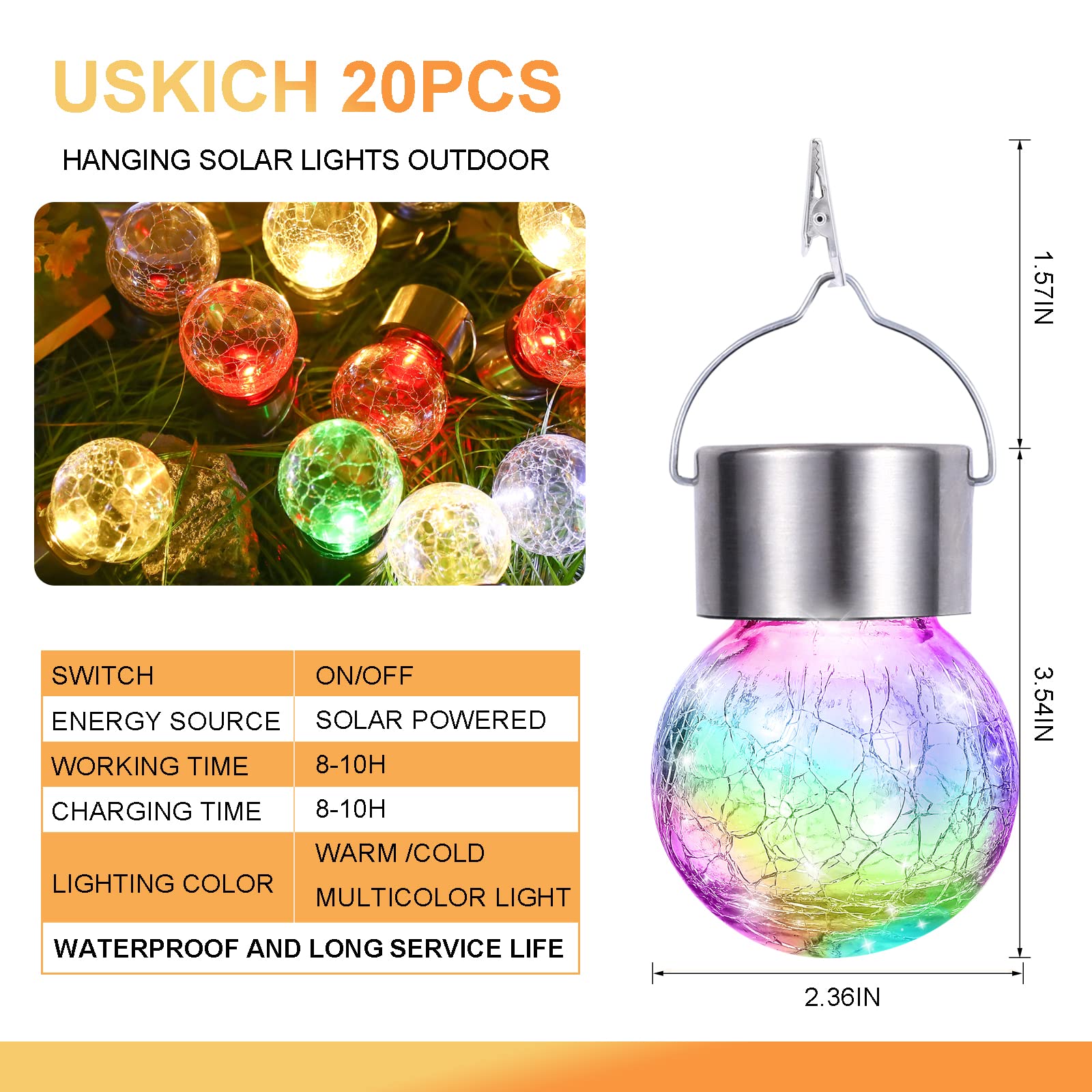 20 Pack Solar Crackle Glass Ball Lights - Outdoor Hanging Waterproof Christmas Decorations for Trees, Gardens, Pathways & Backyards - Warm White & Daylight White Options - Perfect for Holiday Decor, Patio Lighting & Landscape Illumination