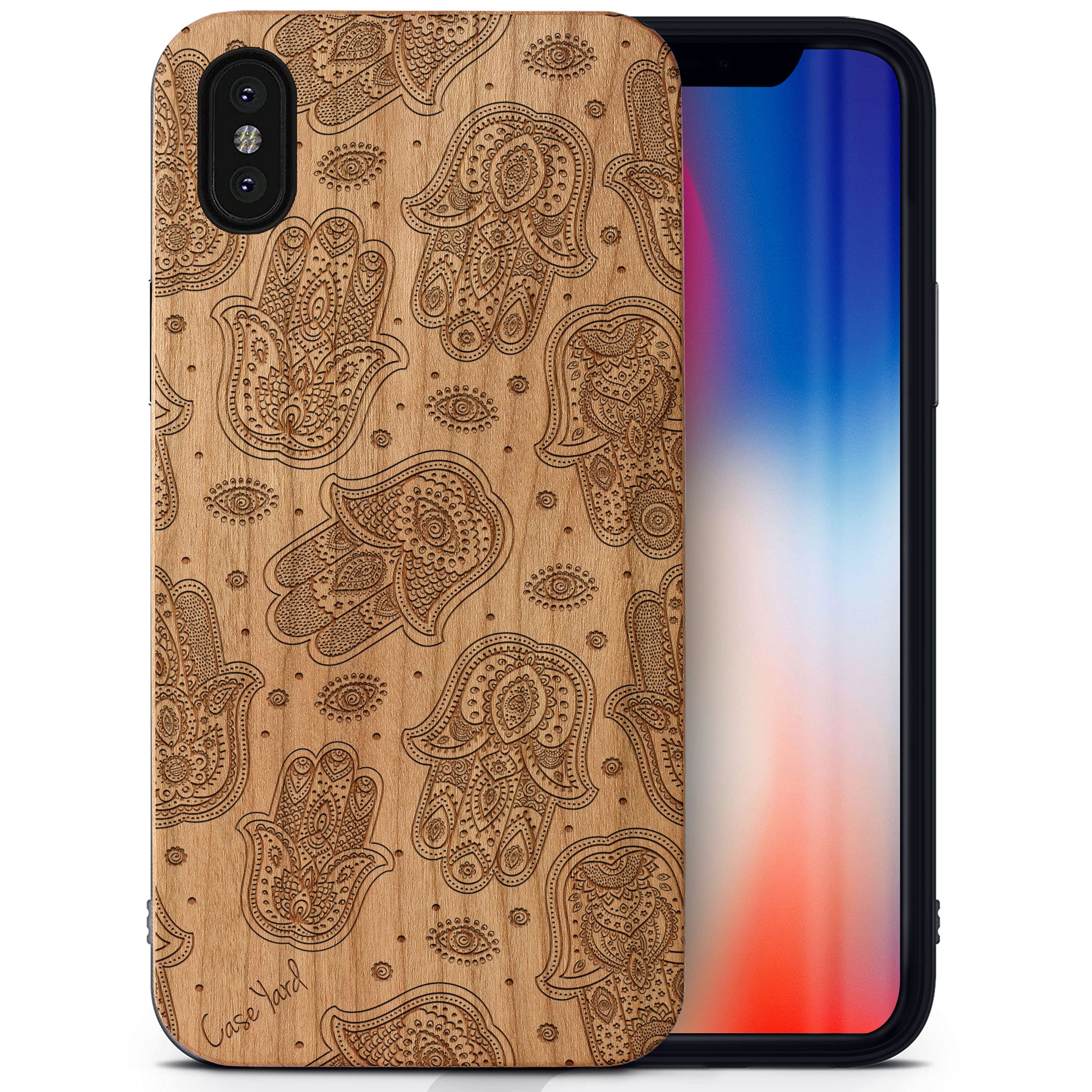 CaseYard Wood Phone Case for iPhone Xs Max - Laser Engraved Hamsa Design, Cherry Wood, Shockproof & Slim Fit Protective Cover for Men & Women - Perfect for Everyday Use, Travel & Gift Giving