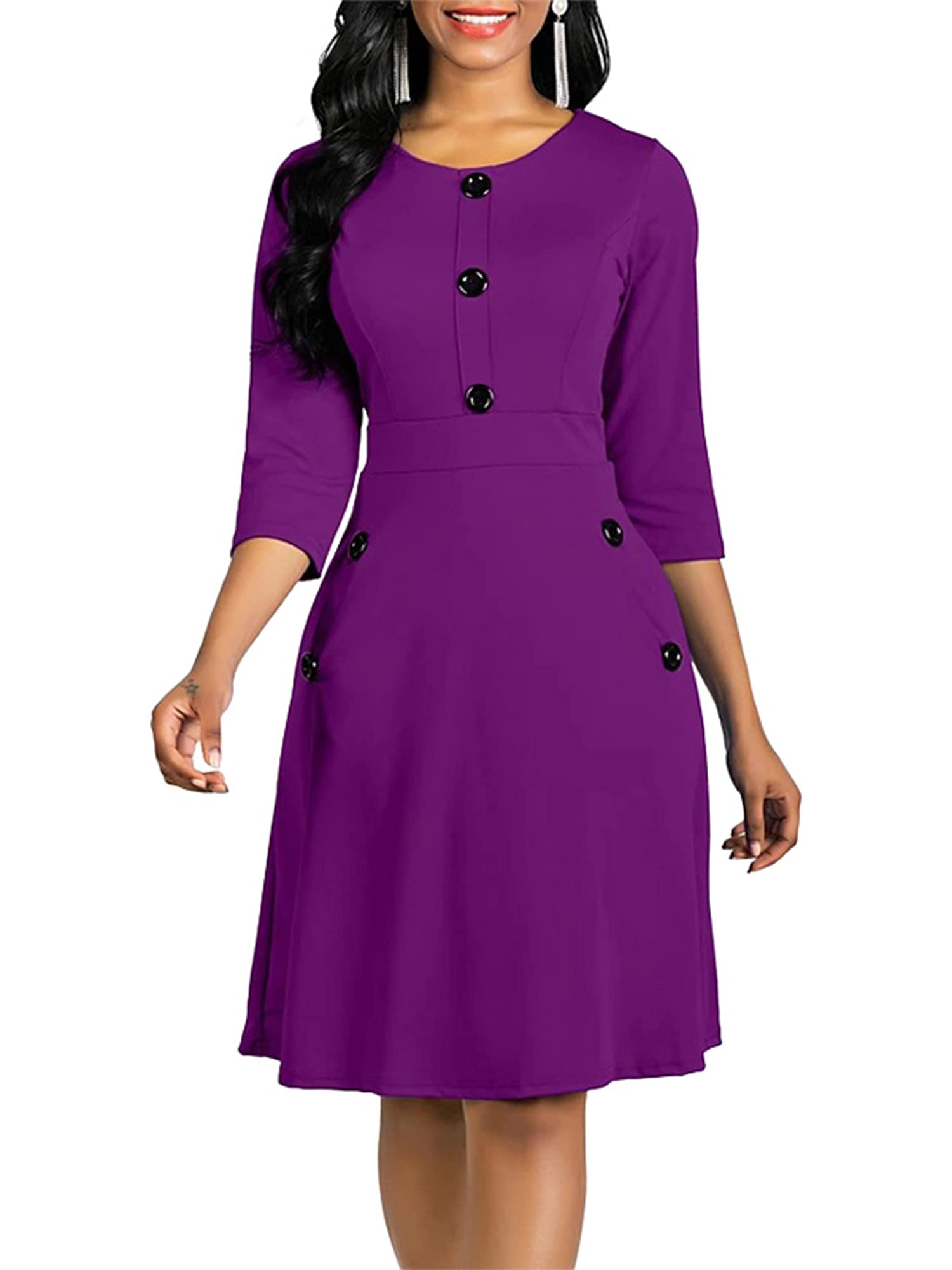 Elegant Women's 3/4 Sleeve Button Down Shirt Dress - Sexy Dance & Work Office Dress with Crew Neck for Casual Wear | Perfect for Date Night, Club Outfits & Business Attire