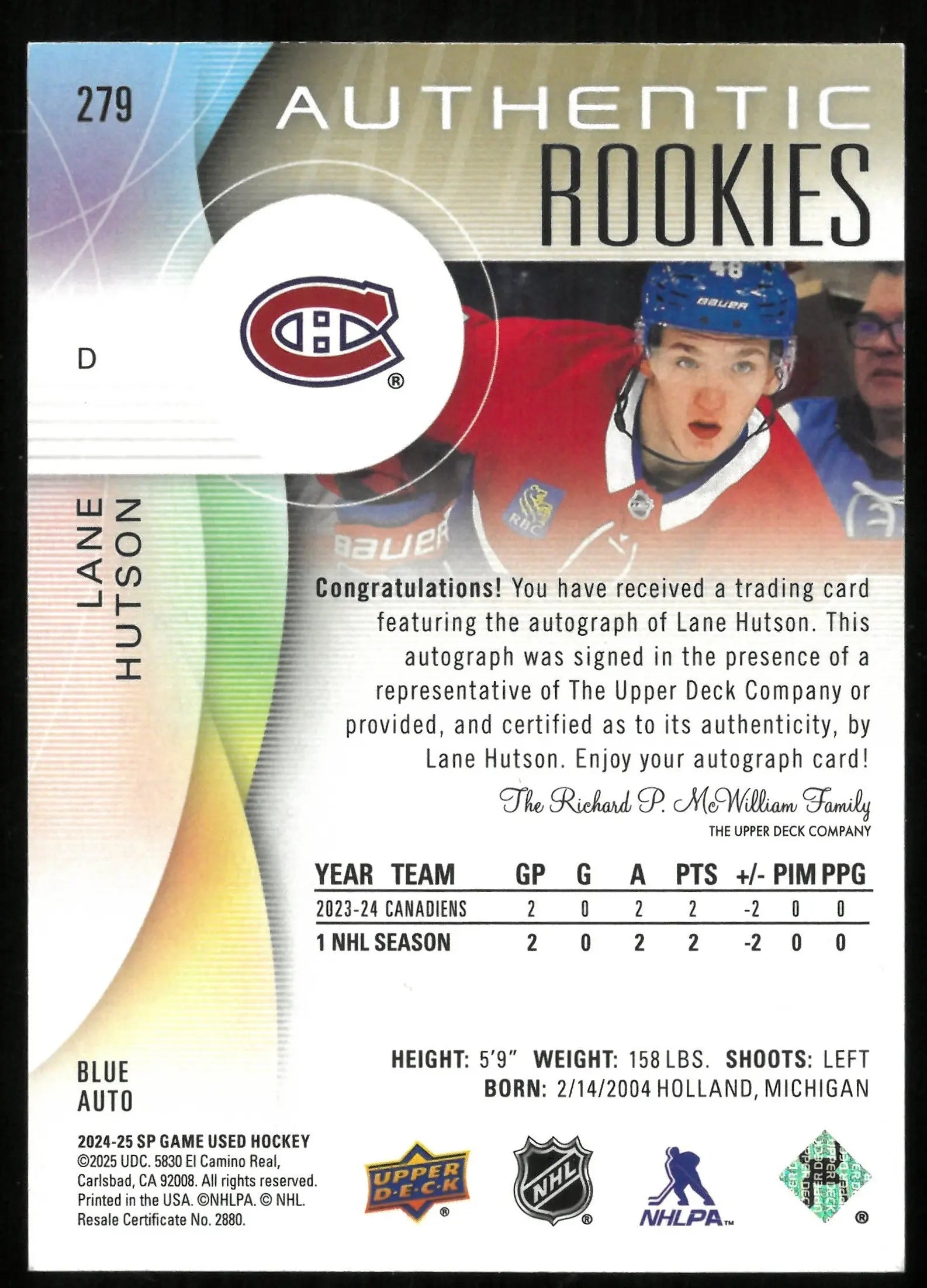 2024 Upper Deck SP Game Used Lane Hutson Authentic Rookie Card Blue Autograph - Collectible Hockey Memorabilia for NHL Fans & Sports Card Enthusiasts