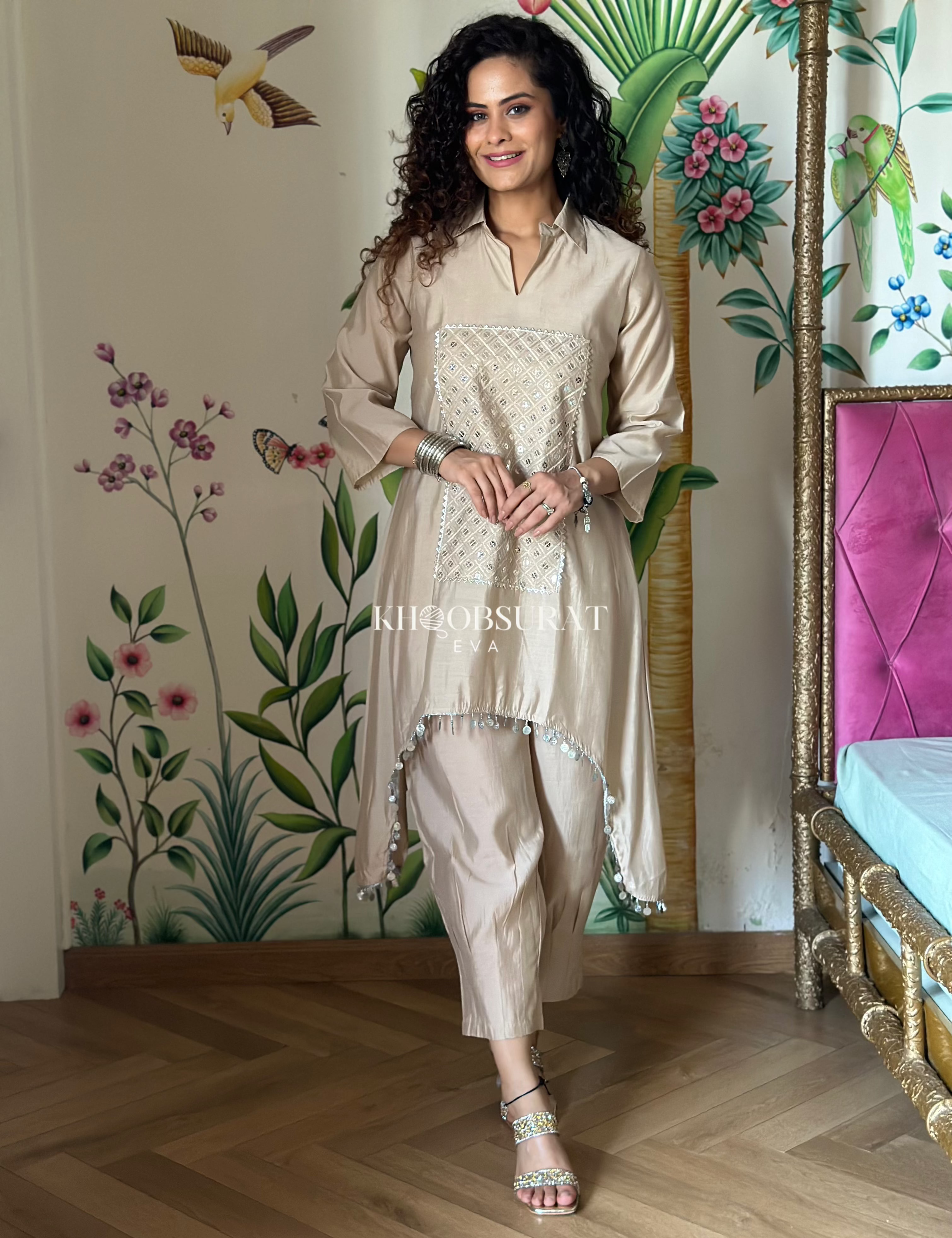 Bonjour Begum Beige Sequin Kurta Set - Elegant Indian Embroidered Top & Pants Outfit for Women | Perfect for Weddings, Parties & Festive Occasions
