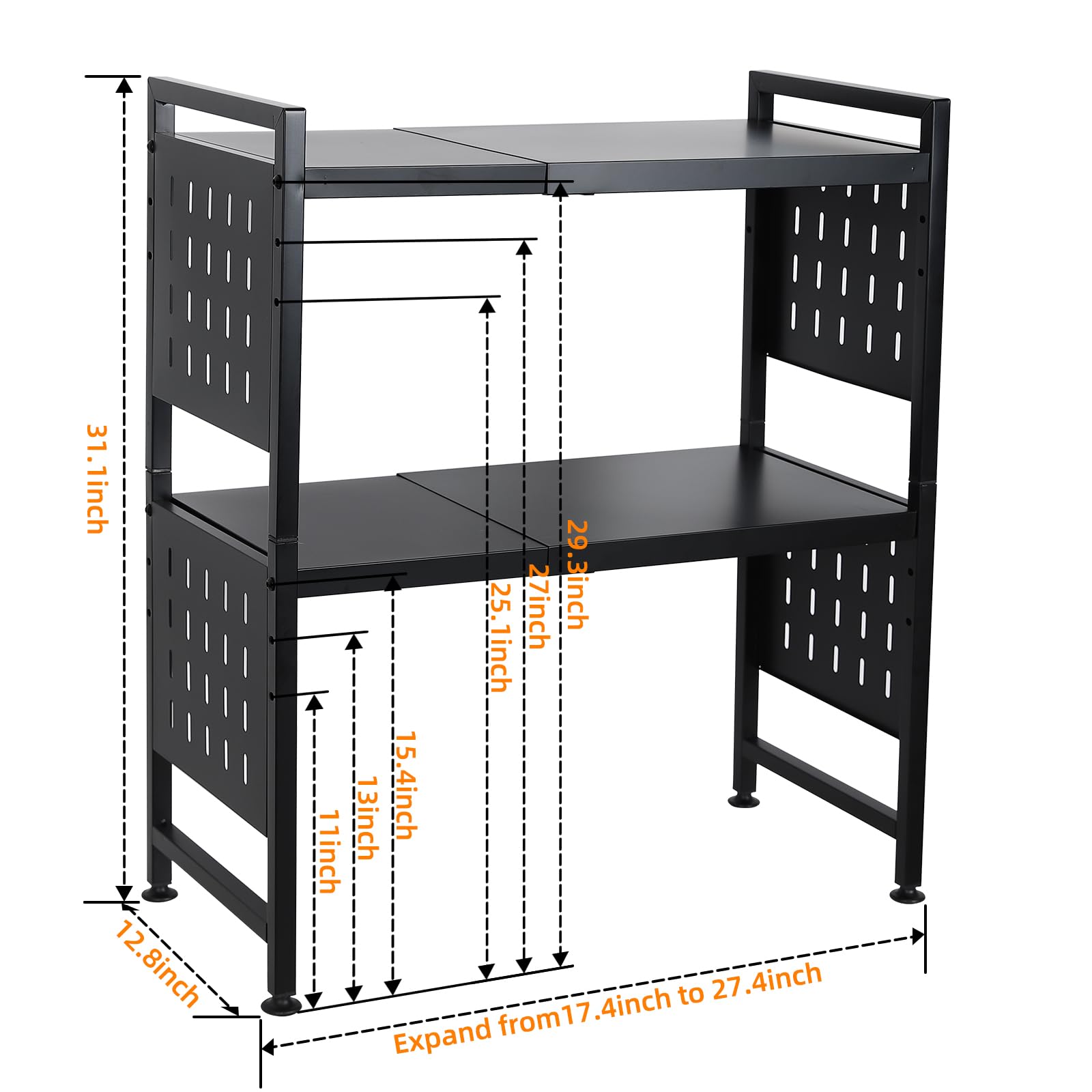 3-Tier Expandable Microwave Stand with 4 Hooks & Pot Lid Holder - Space Saving Kitchen Organizer for Countertops - Perfect for Small Kitchens, Dorms & RVs (Black)
