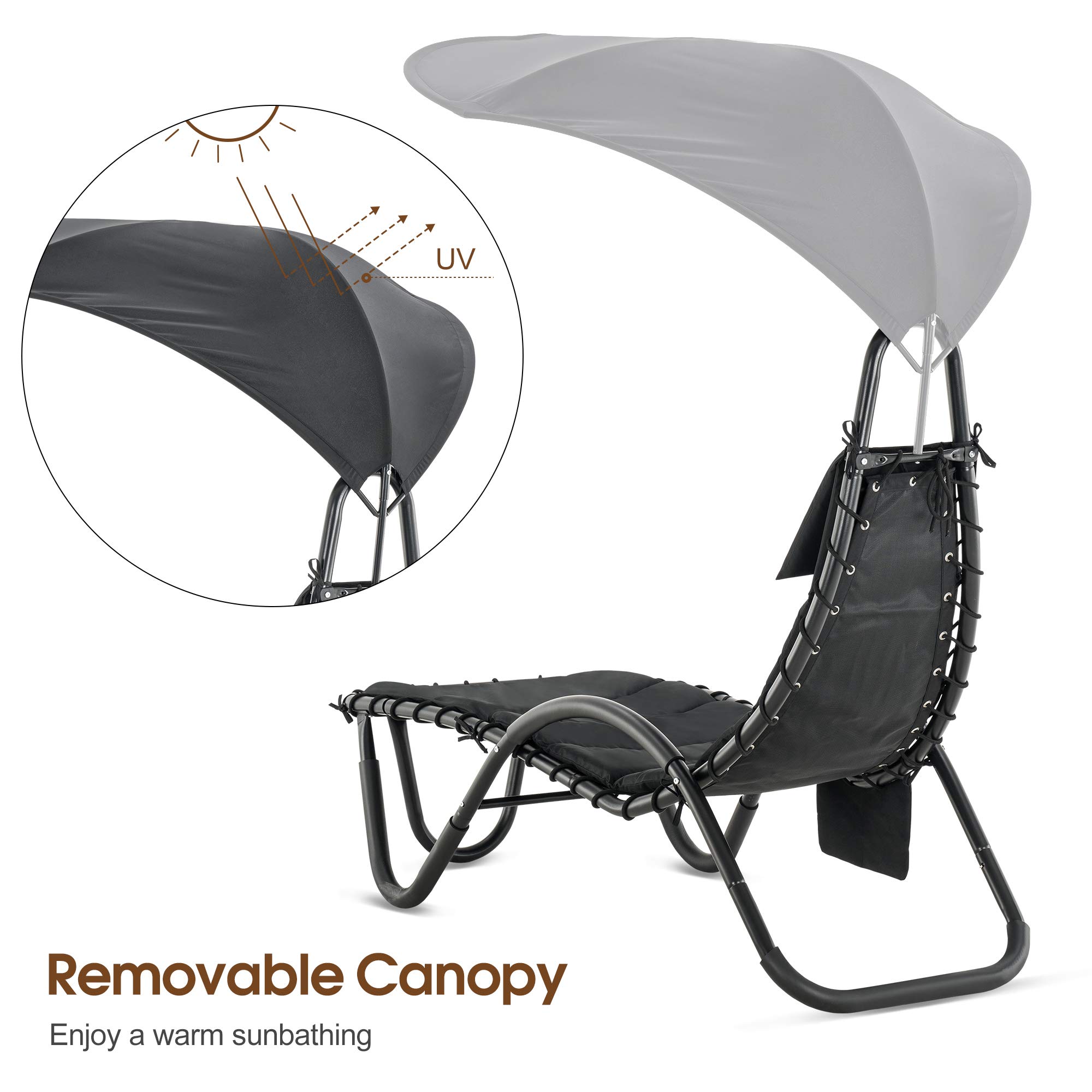 MCombo Outdoor Steel Chaise Lounge Chair with Removable Canopy & Cushions - Adjustable Reclining Chair with Side Pocket & Arc Stand - Perfect for Beach, Poolside, Backyard, Balcony, Porch & Patio (Black, 4097) - Ideal for Sunbathing, Relaxing & Outdoor Lounging