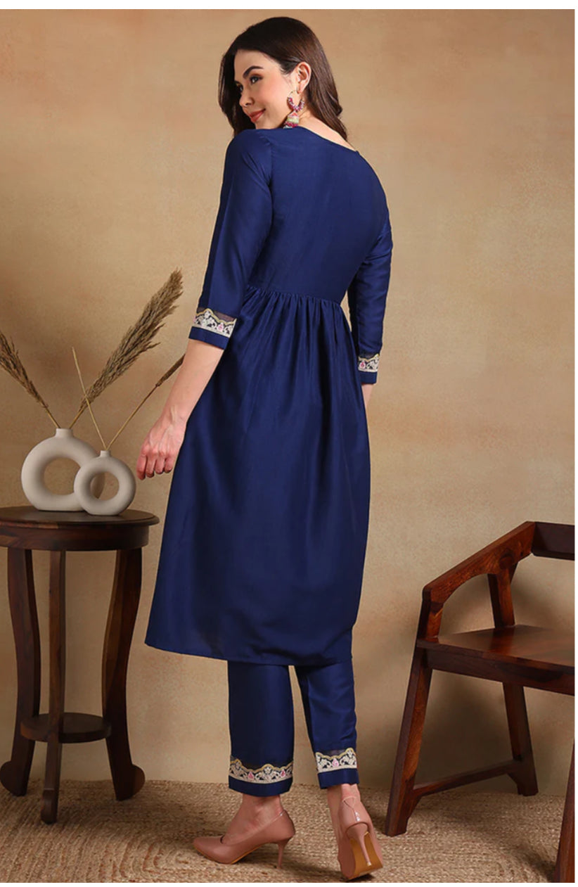 Navy Blue Silk Blend Embroidered Flared Kurta Set for Women | Elegant Indian Ethnic Wear | Perfect for Festivals, Weddings & Parties