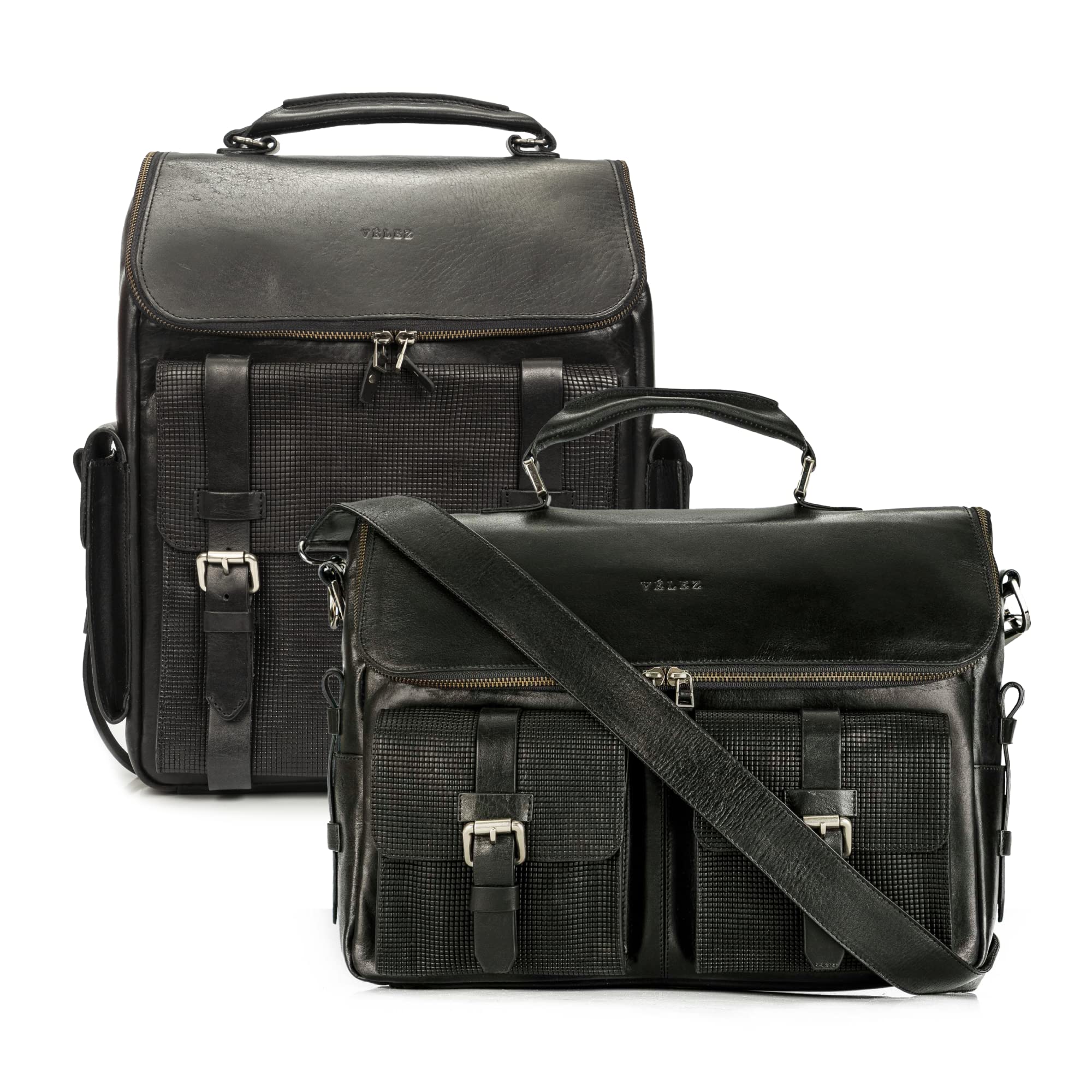 VELEZ Archaeology Black Backpack for Men & Leather Messenger Bag Set - Durable Travel Laptop Bag for Work, School & Outdoor Adventures