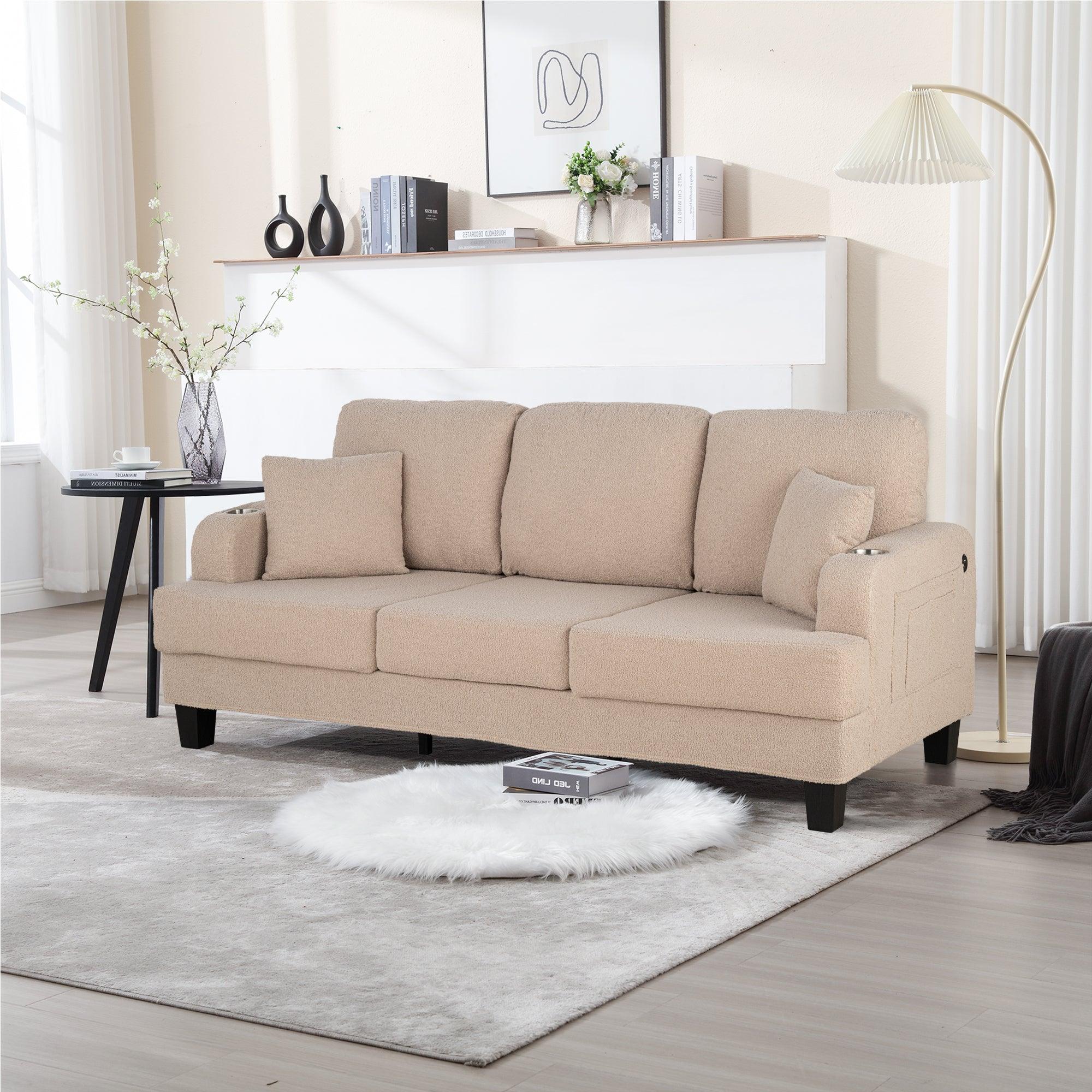 Beige 3-Piece Sofa Set with Storage Ottoman & USB Charging Ports - Modern Living Room Furniture for Small Spaces, Apartments & Home Theater Seating
