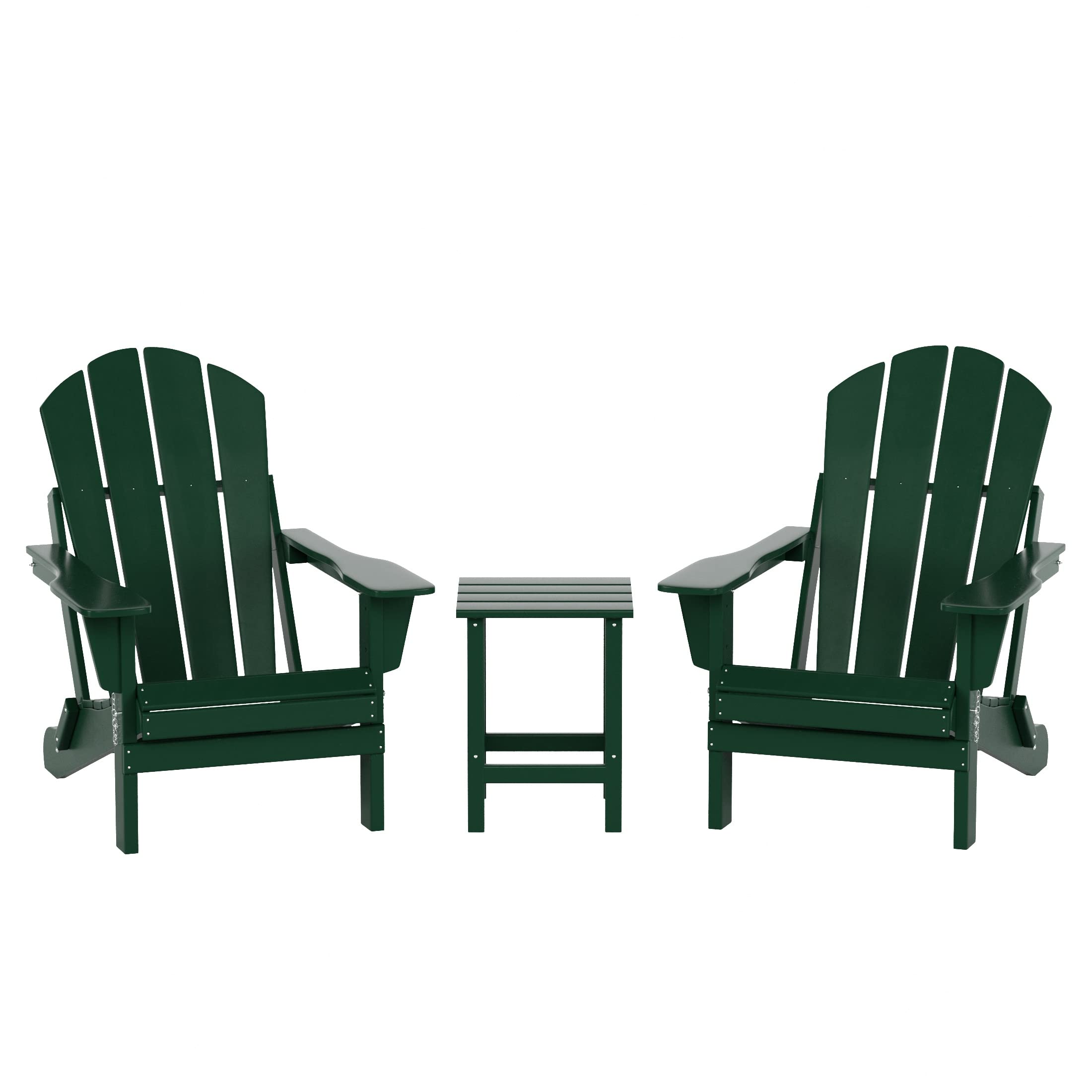 WO Home Furniture 3-Piece Adirondack Chair Set with Side Table - Outdoor Folding Chairs & End Table, Weather & UV Resistant - Perfect for Lawn, Garden, Bonfire, Balcony, Patio & Backyard Relaxation (Dark Green)