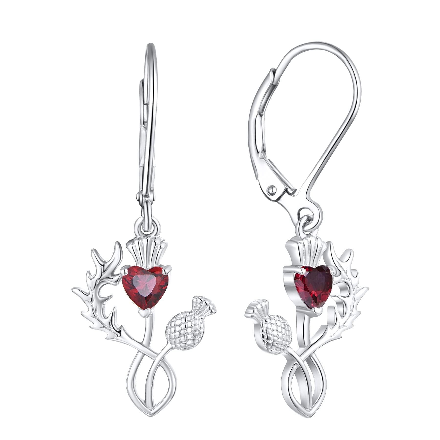 JO WISDOM Scottish Thistle Earrings - 925 Sterling Silver Scotland Flower Heart Outlander Drop Dangle Earrings with 3A CZ Birthstone - Women's Celtic Jewelry for Wedding, Party & Everyday Wear