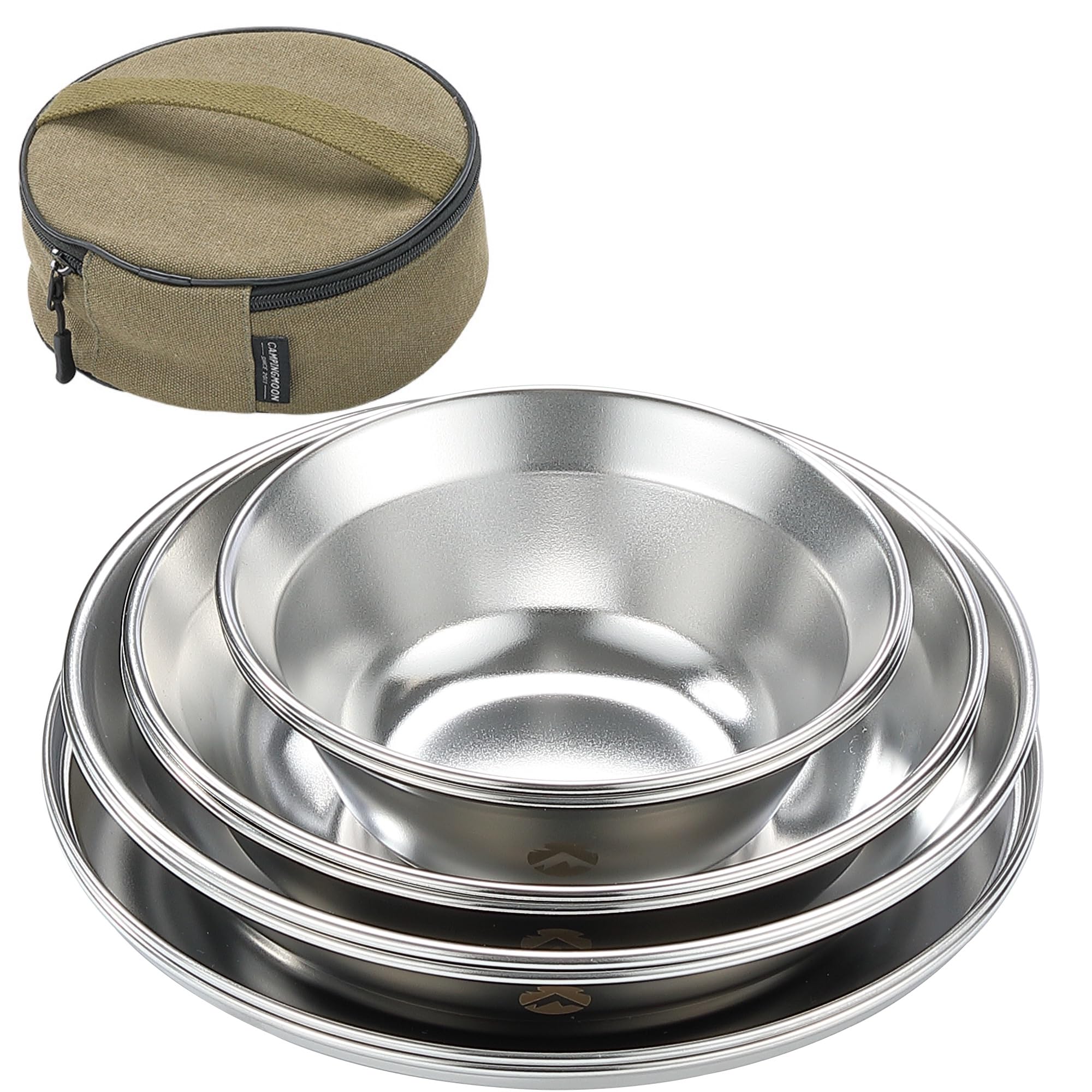 CAMPINGMOON 4-Piece Stainless Steel Camping Plates Set - Dishwasher Safe, Lightweight & Durable Outdoor Dinnerware for Camping, Picnics, Hiking & RV Trips