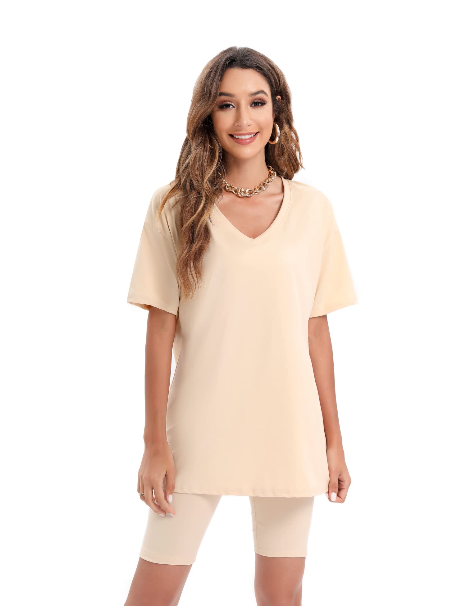 Youdiao Women's Summer Casual Two Piece Outfit - Oversized V-Neck T-Shirt & Biker Shorts Set | Lounge Wear, Gym, Running, Street Fashion