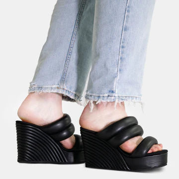 ROAM Women's Strata Puffy Vegan Leather Platform Wedge Sandals - Black | Comfortable & Stylish Vegan Shoes for Summer, Beach, and Casual Outings