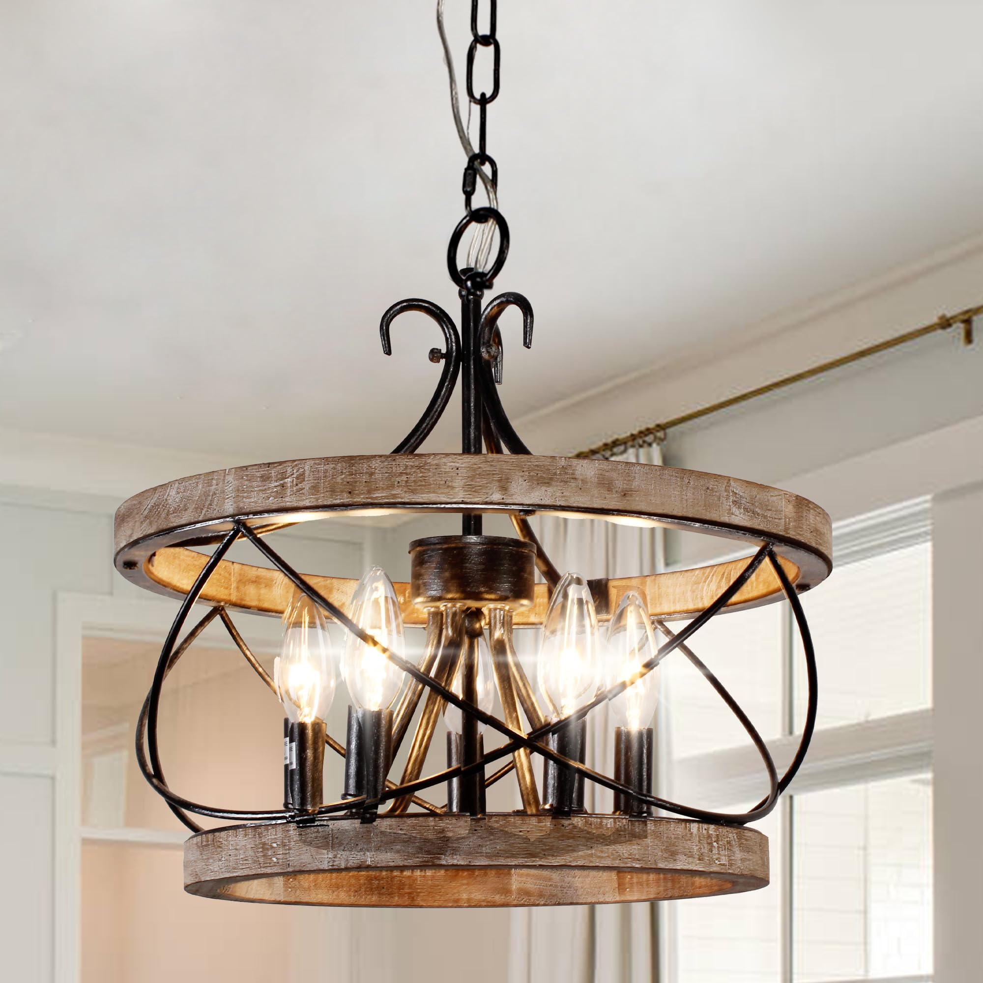 5-Light Farmhouse Wood Chandelier - 15.7