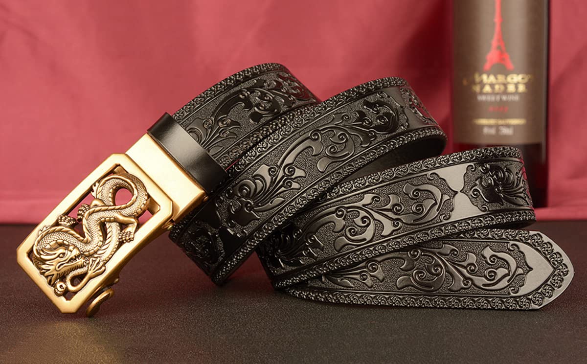Men's Dragon Carved Leather Belt - Retro Ethnic Style Automatic Ratchet Buckle - 130CM Black Dress Belt for Business Casual Wear - Perfect for Office, Parties & Formal Events