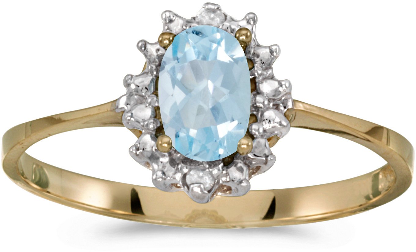 10K Yellow Gold Oval Aquamarine and Diamond Ring for Women - Elegant Birthstone Jewelry Gift for Engagement, Anniversary & Special Occasions