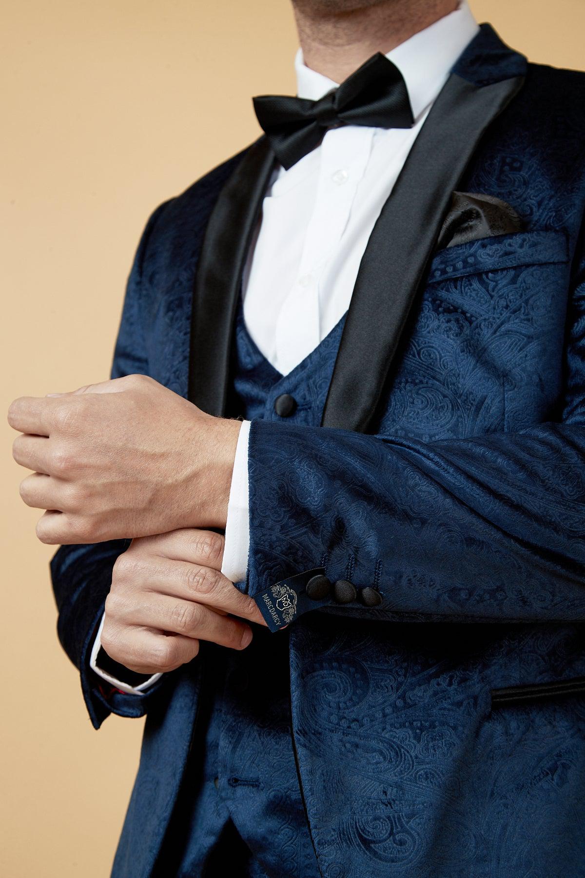 SIMON Velvet Navy Tuxedo Lapel Jacquard Blazer for Men - Formal Evening Wear, Wedding Suit, Prom & Special Occasions