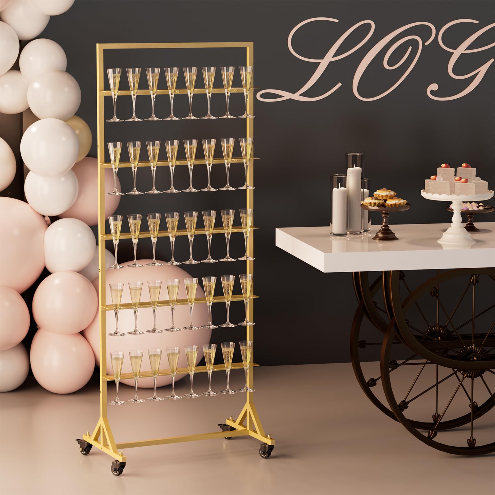 5-Tier Gold Metal Champagne Wall Holder - Holds 40 Glasses with Swivel Casters | Perfect for Weddings, Parties & Events | Sturdy Champagne Flutes Display Stand for Bars & Banquets