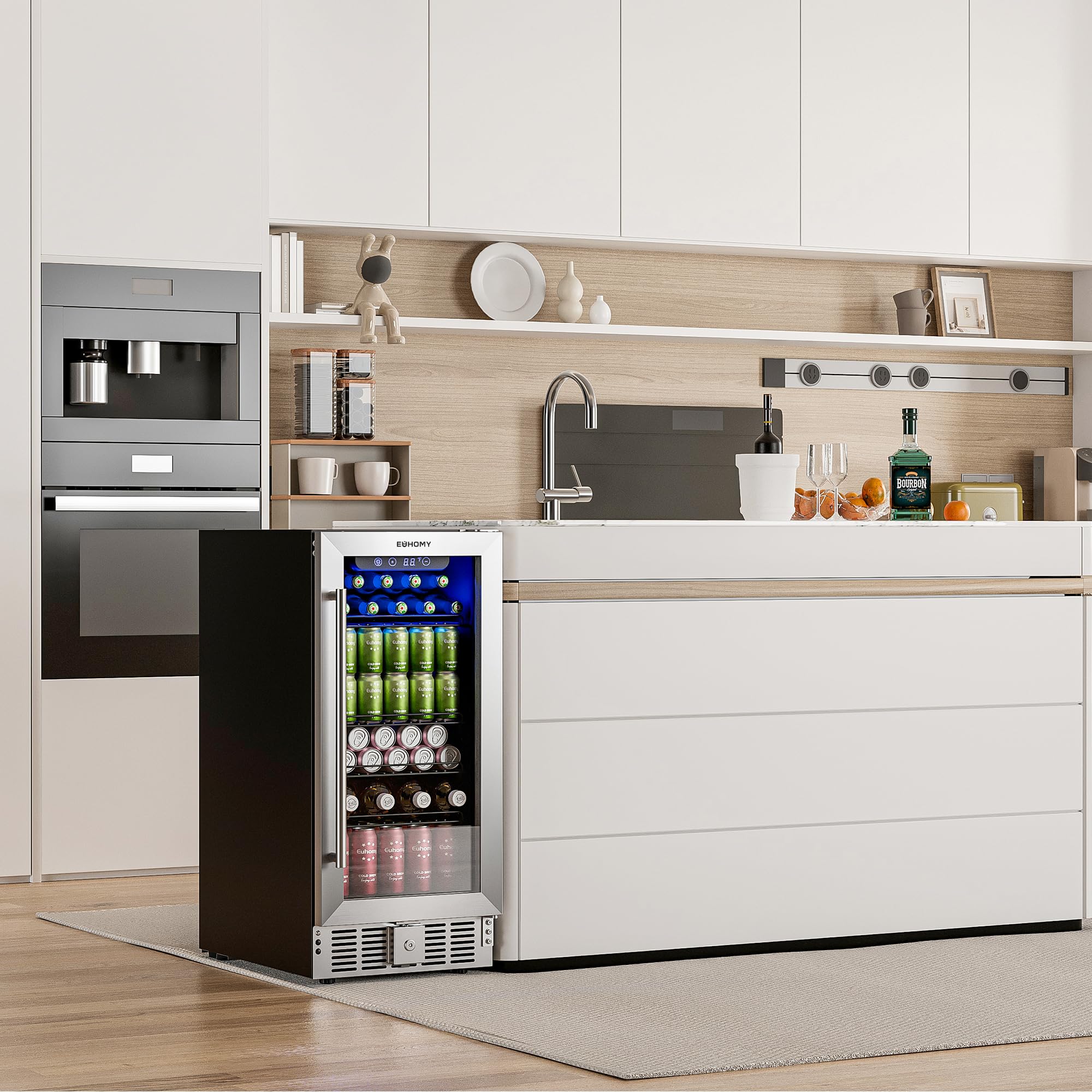 EUHOMY 15 Inch Built-In Beverage Refrigerator - 125 Can Capacity Under Counter Cooler with Glass Door & LED Light - Energy Efficient Beer, Soda, Wine Fridge for Home, Kitchen, Bar, Office, and Commercial Use