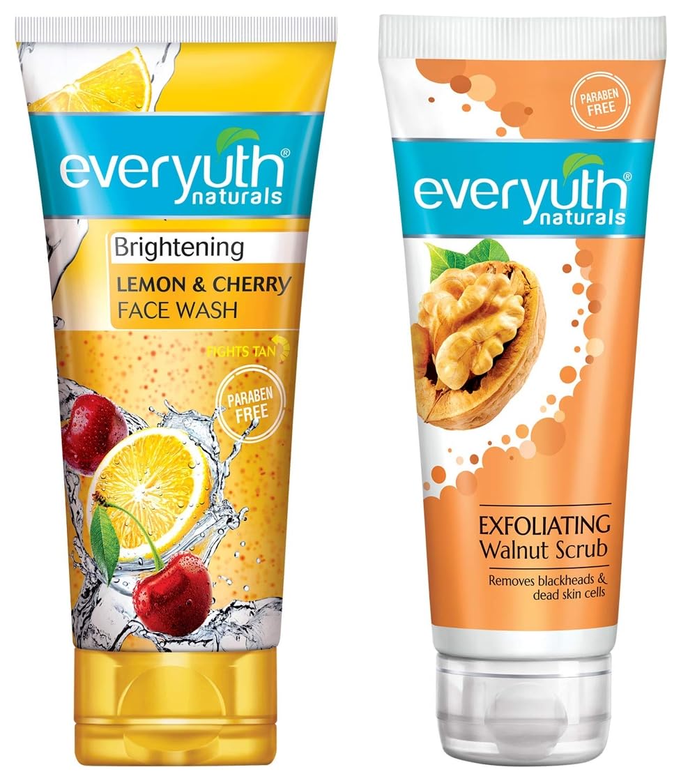 Everyuth Naturals Exfoliating Walnut Scrub for Face & Body - 200g Tube | Deep Cleansing & Brightening | Everyuth Naturals Lemon & Cherry Face Wash - 150g Tube | Gentle Cleansing for Glowing Skin | Perfect for Daily Skincare Routine & Acne-Prone Skin