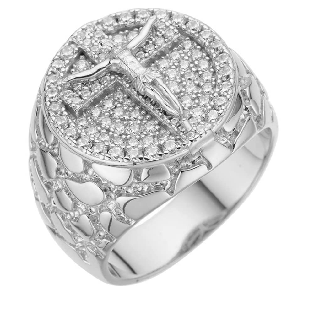 1ct Moissanite Ring for Men - 925 Sterling Silver Jesus Cross Ring - Hip Hop Iced Jesus Pinky Nugget Ring - GRA Certified - Perfect for Gifts, Weddings & Religious Occasions