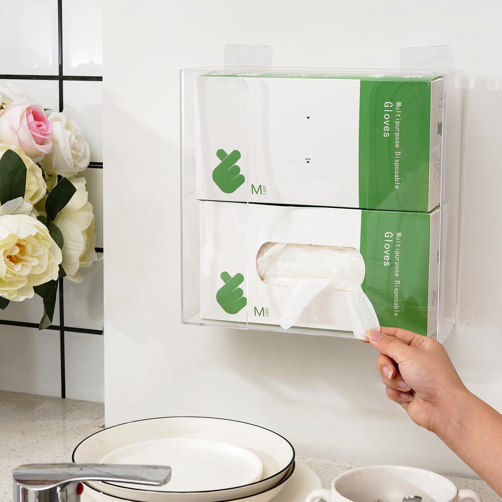 Clear Acrylic Wall-Mounted Mask & Glove Dispenser Holder - 10.2”x9.8”x3.5” - Pack of 1 - Perfect for Hospitals, Salons, Restaurants & Home Organization