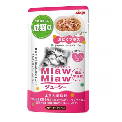 12-Pack Aixia Miaw Miaw Juicy Pouch Wet Cat Food - Tuna Flavor Soft Jelly with Meat & Fish Mix (70g Each) | Perfect for Adult Cats & Kittens, Mealtime or Snack