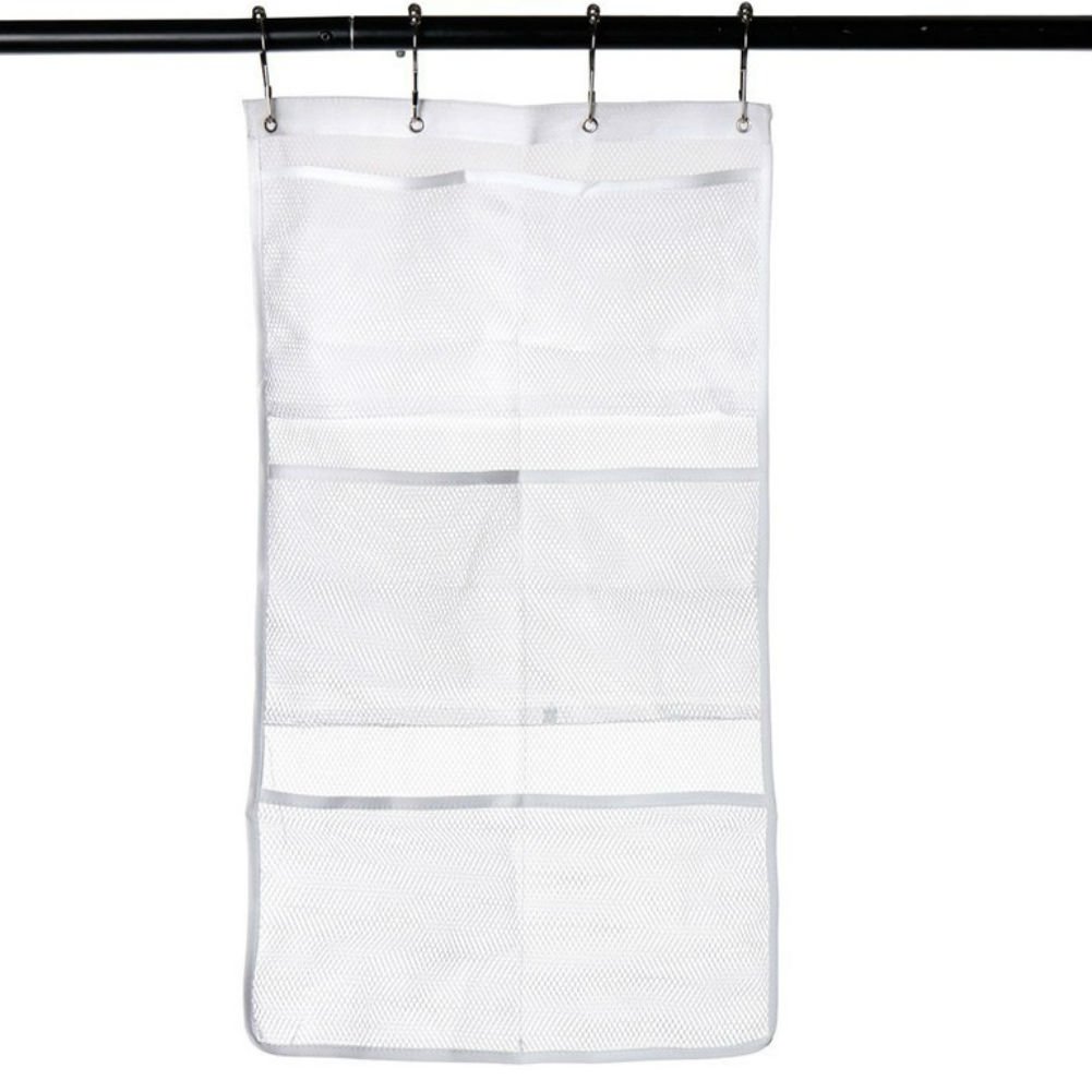 AKOAK 6-Pack Quick Dry Mesh Hanging Organizer with 4 Rings - White Bathroom Storage Caddy for Shower Curtain Rod - Perfect for Toiletries, Cosmetics & Bath Accessories Organization