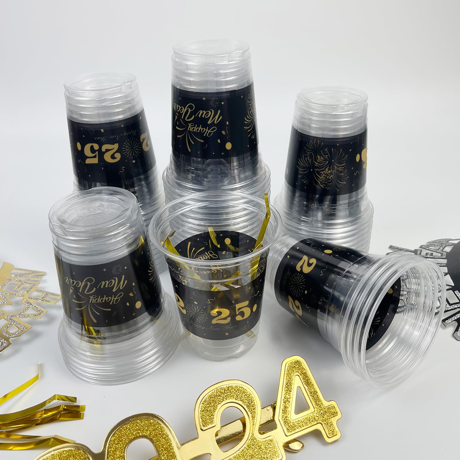 50 Count 2025 Happy New Year Party Cups - 12 oz Clear Plastic Disposable Cups for New Year's Eve Celebrations, Holiday Parties, Beer, Cocktails, Beverages & Ice Cream - Perfect for Countdown Events, Home Decorations & Office Celebrations