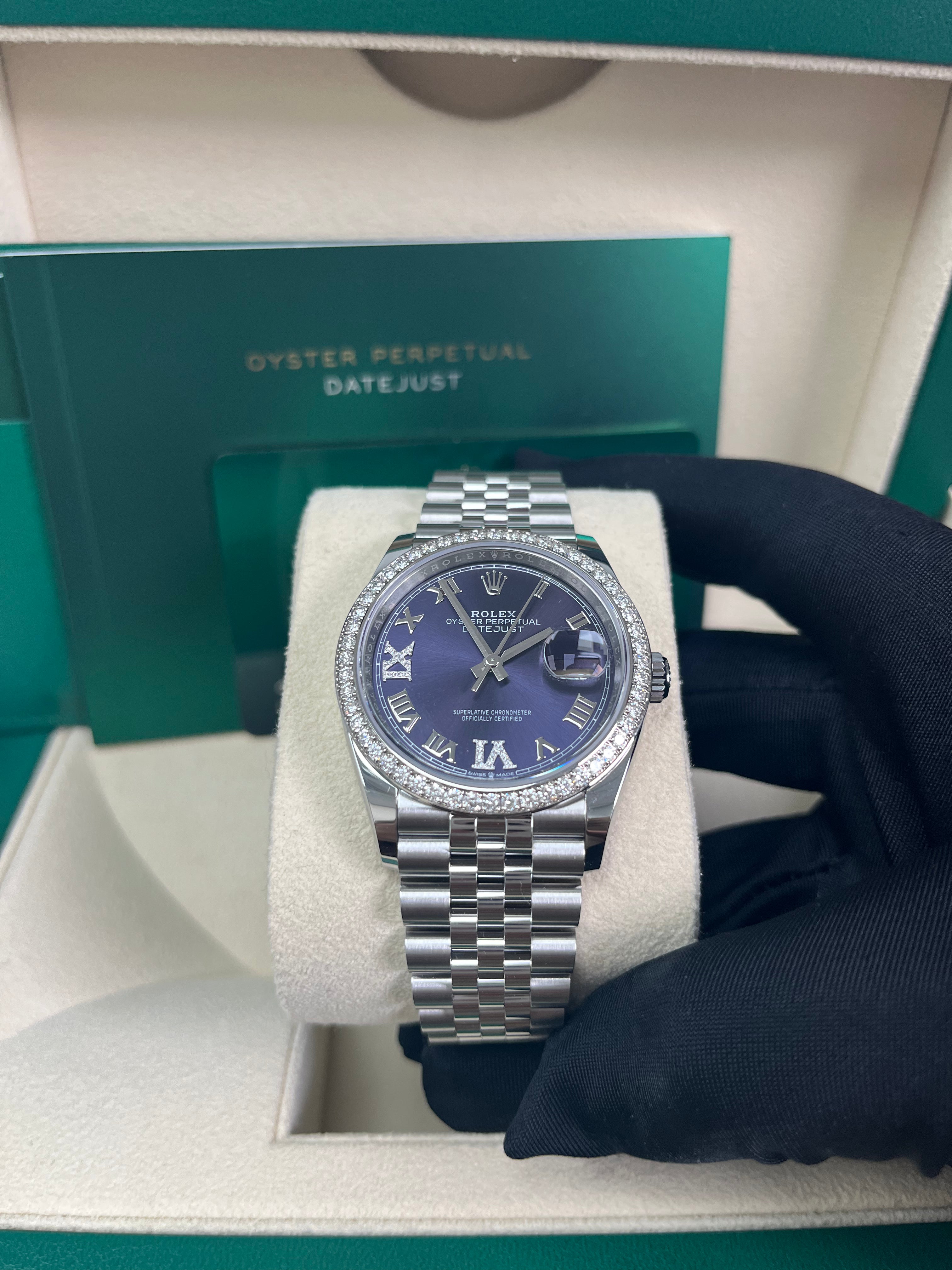 Rolex Steel Datejust 36 Watch with Diamond Bezel - Aubergine Purple Diamond Roman VI & IX Dial - Jubilee Bracelet (Ref #126284rbr) | Luxury Timepiece for Men & Women, Perfect for Formal Events, Business Meetings & Special Occasions