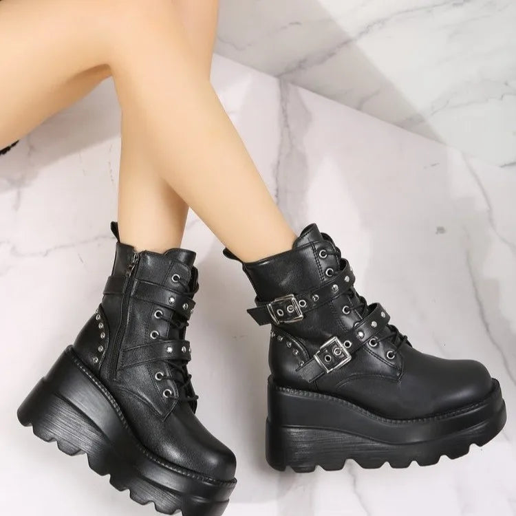 Trendy Thick Sole Short Boots with Belt Buckle - Punk Rock Ankle Boots for Women | Black Martin Boots for Casual Outfits, Concerts & Night Out