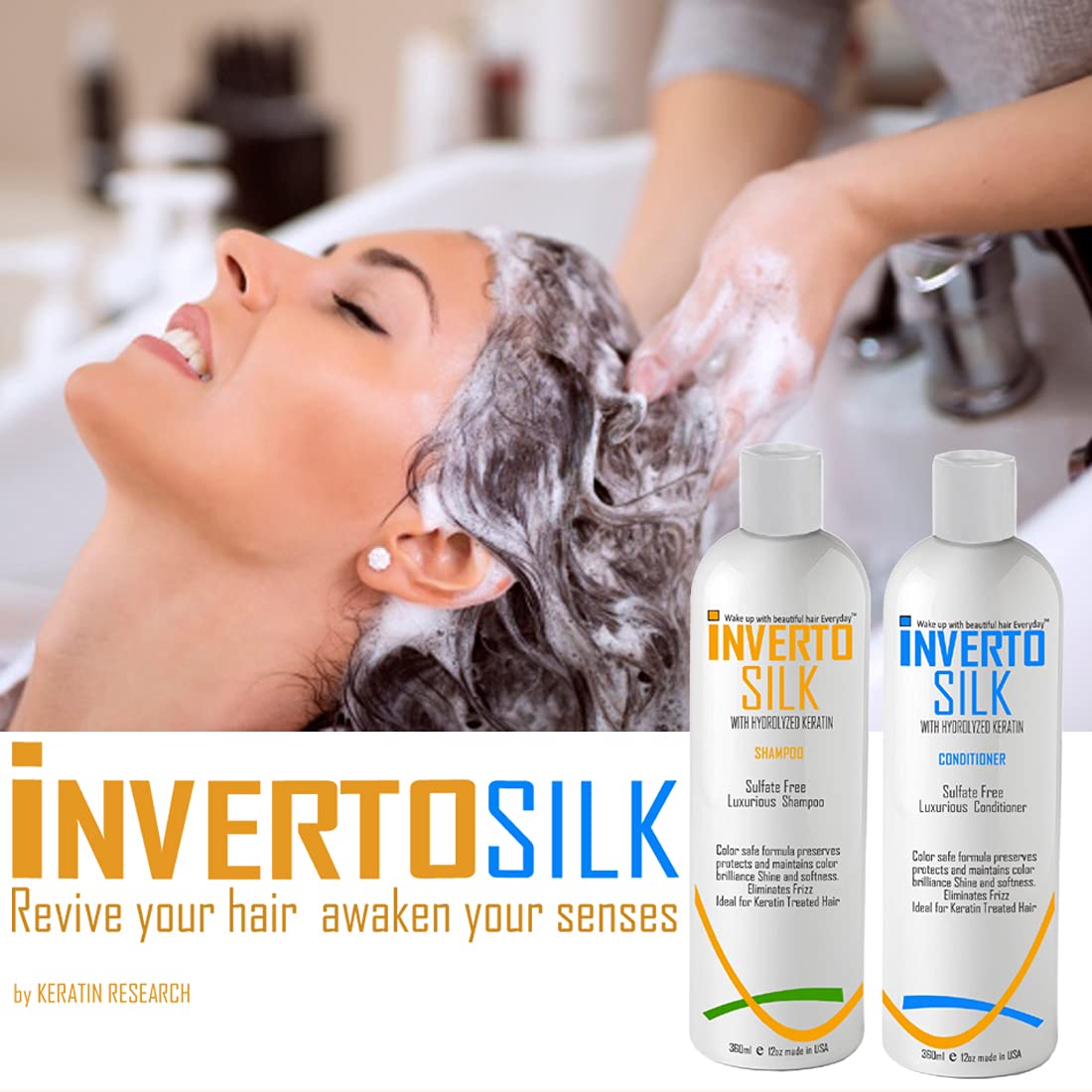 INVERTO SILK Keratin Shampoo & Conditioner Set - Sulfate Free for Frizzy, Damaged & Color Treated Hair - 2 x 360ml Bottles - Protects Hair Color & Reduces Frizz - Perfect for Daily Hair Care & Salon-Quality Results at Home