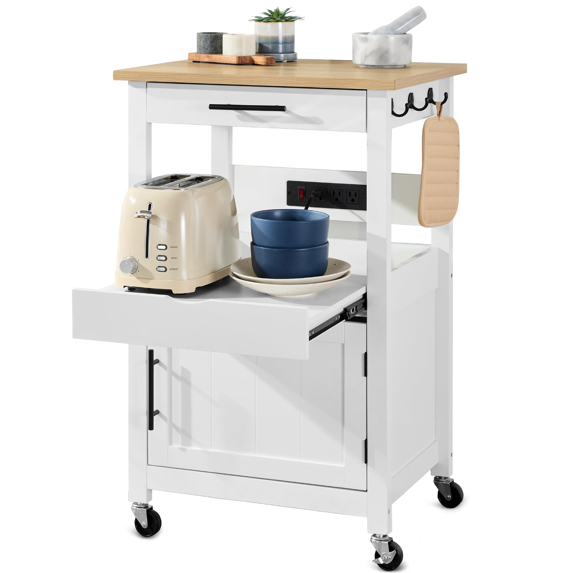 Best Choice Products Rolling Kitchen Island Cart with Single Door Cabinet, Drawer, Sliding Tray, Hidden Outlet & Lockable Wheels - White | Mobile Kitchen Storage for Small Spaces, Apartment Cooking & Entertaining
