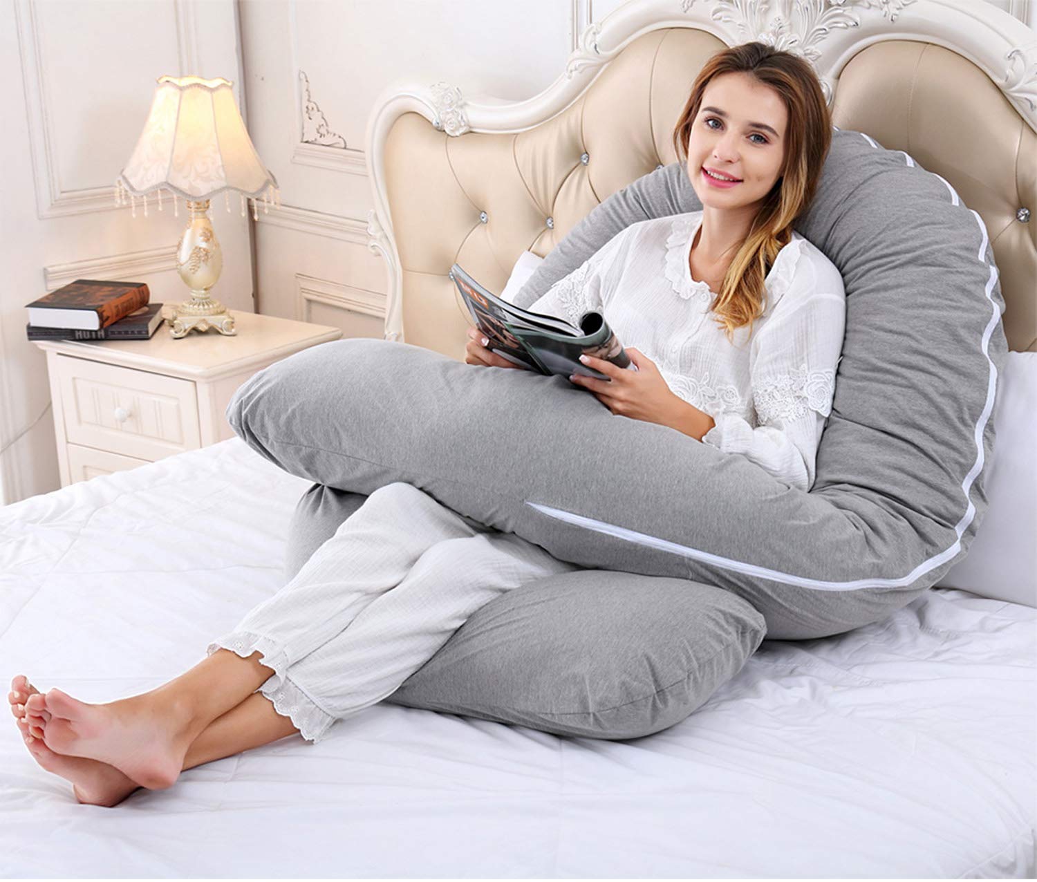 AngQi Full Body Support Pillow with Cooling Jersey Cover - U-Shaped Maternity Pillow for Pregnancy Comfort & Pain Relief - Perfect for Side Sleepers, Back Pain, and Postpartum Recovery