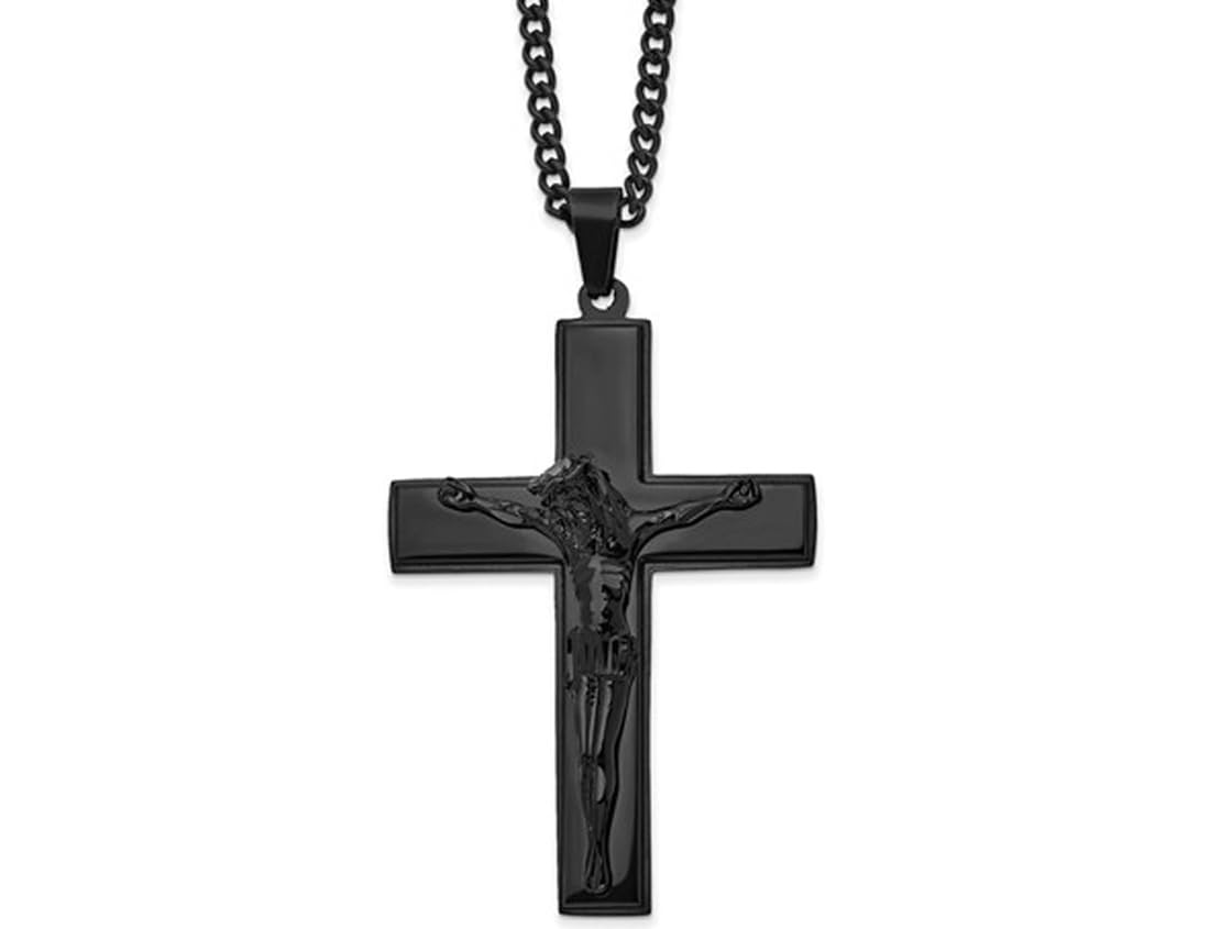 Men's Black Plated Stainless Steel Crucifix Pendant Necklace with 18-24 Inch Chain - Religious Jewelry for Everyday Wear, Gifts & Special Occasions