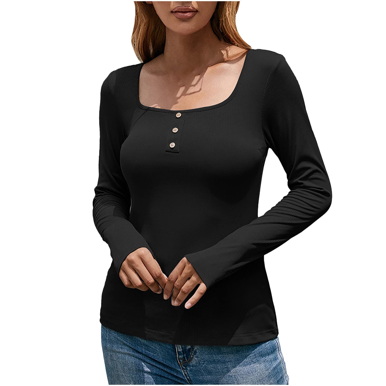Women's Long Sleeve Shirts - Sexy Solid Square Neck Button Blouses, Casual Slim Fit Spring Tops for Work & Date Night | Office Wear & Evening Outfits