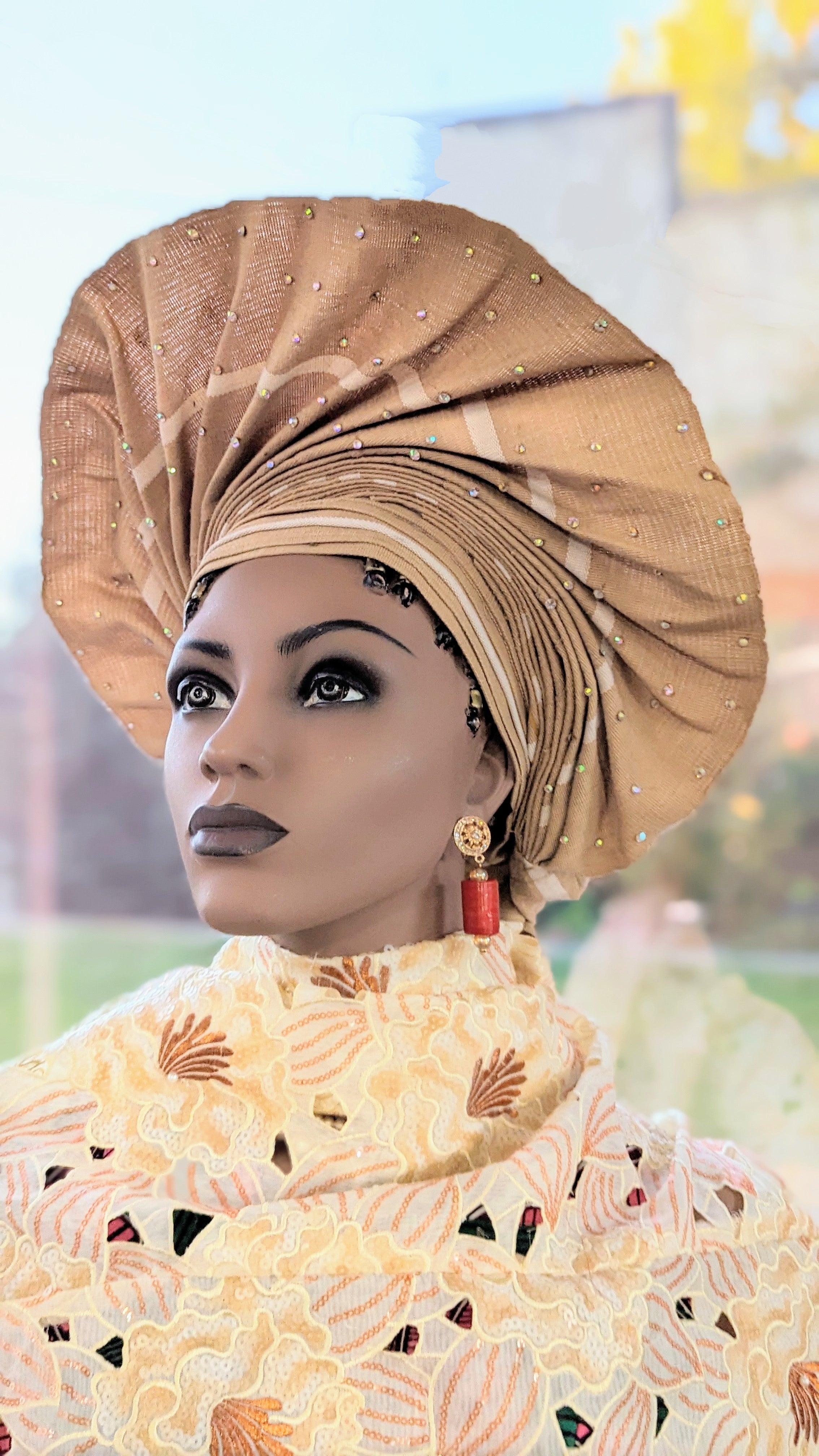 Basiraah Tan Brown African Sanyan Aso Oke Head Tie - Premium Autogele Head Wrap Hat for Women (DPATBS42) | Perfect for Weddings, Parties & Cultural Events