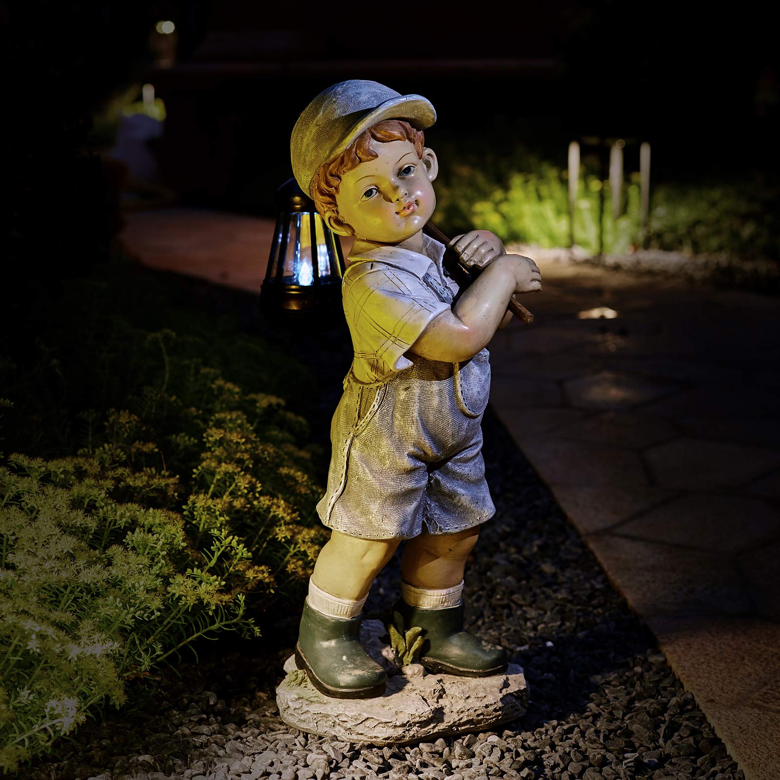 Solar Powered Boy Garden Statue with LED Lantern - 17.5