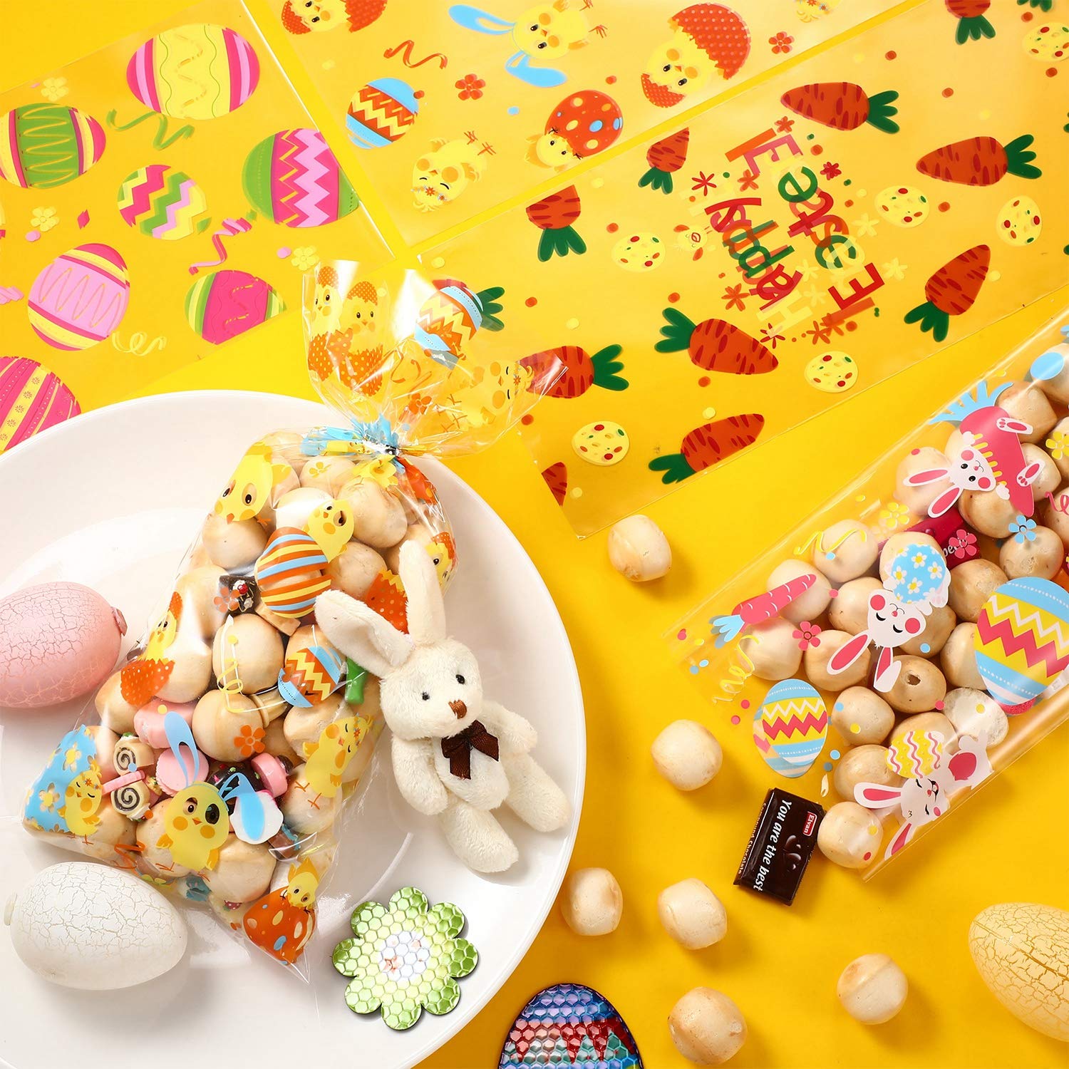 Blulu 100-Piece Easter Treat Bags Set - Clear Cellophane Goodie Bags with Bunny, Chick & Carrot Designs + 100 Silver Twist Ties - Perfect for Easter Egg Hunts, Classroom Treats & Party Favors