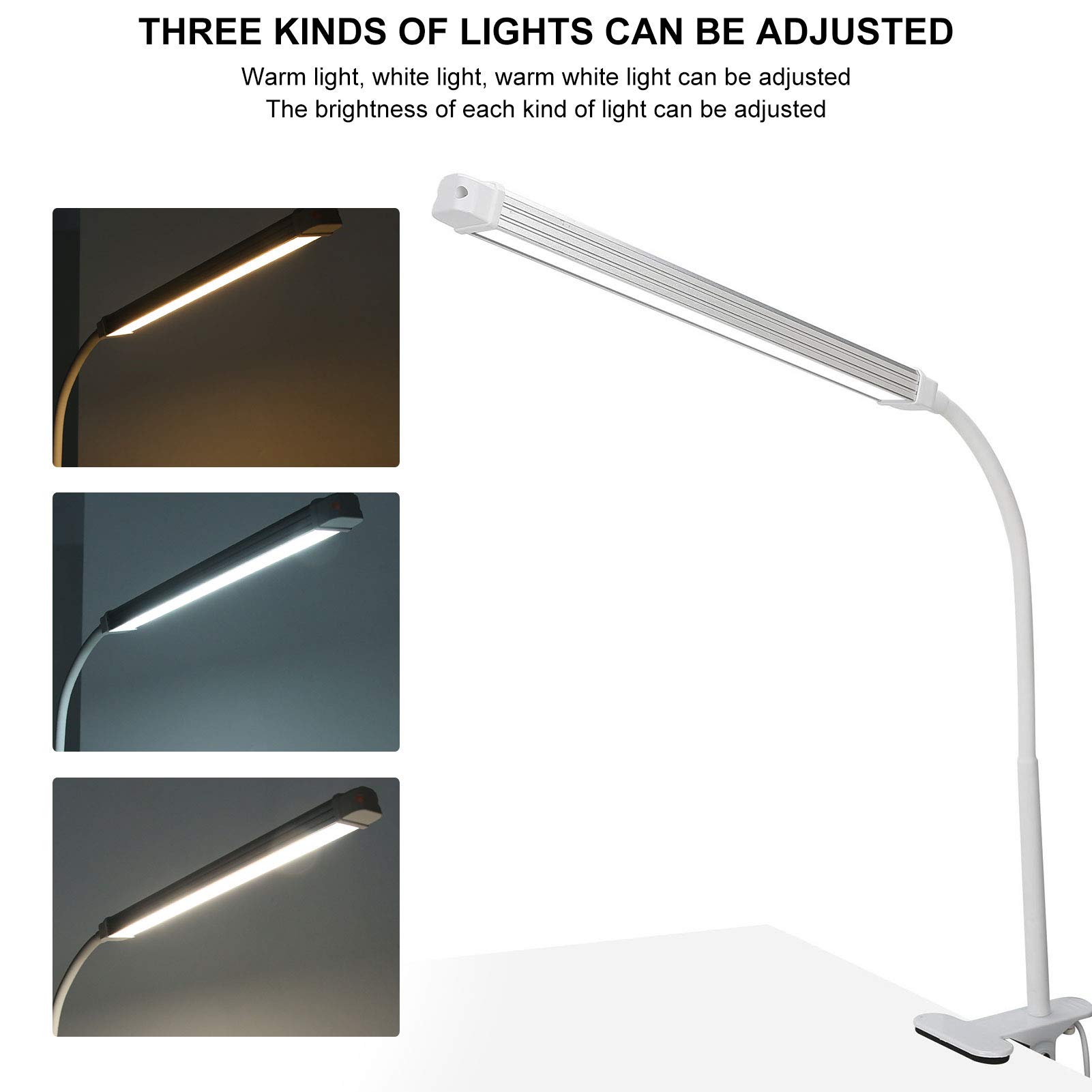 Adjustable LED Desk Lamp with Clamp - USB Powered Eyecare Light with 3 Color Modes, One-Touch Control Gooseneck Task Light for Reading, Working, Nail Art & Tattoo - Perfect for Home Office, Study & Beauty Salon
