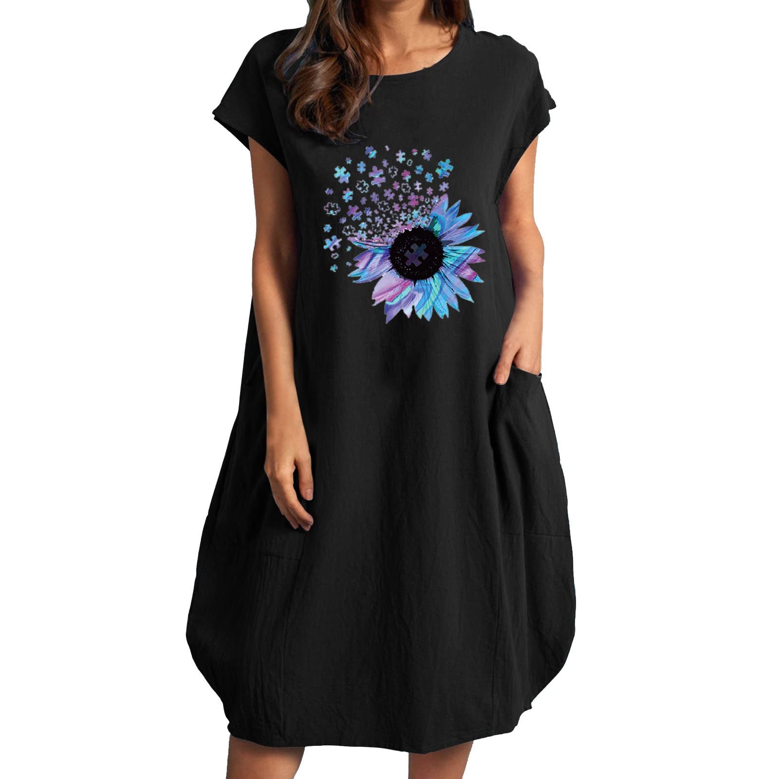 Women's Summer Casual Dress 2022 - Blue Sunflower Printed Loose Short Sleeve Sundress | Perfect for Beach Vacations, Picnics & Outdoor Parties