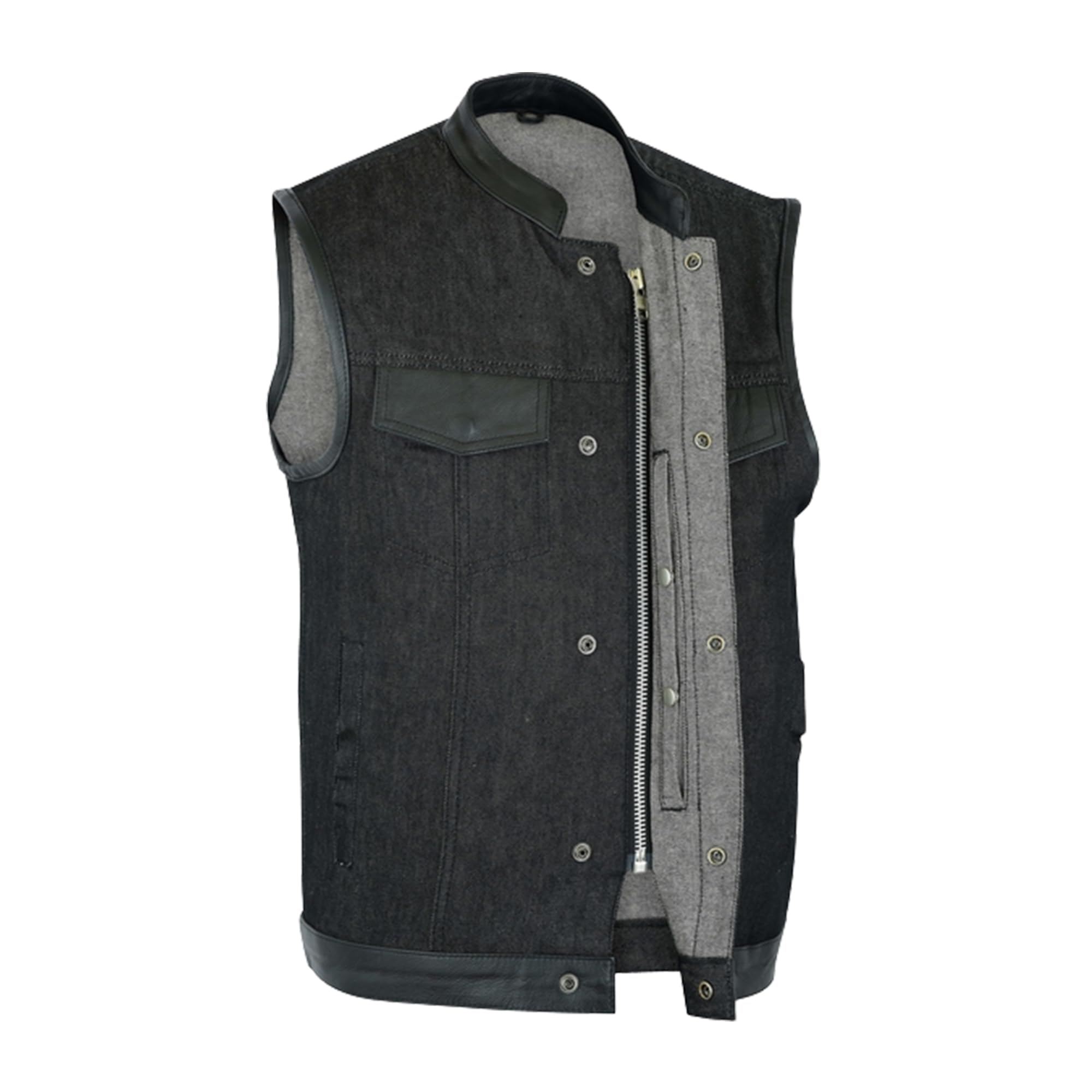 Daniel Smart Biker Vest for Men - Black Denim Motorcycle Vest with Leather Trim & Hidden Weapon Pocket | Perfect for Riding, Outdoor Adventures & Concealed Carry