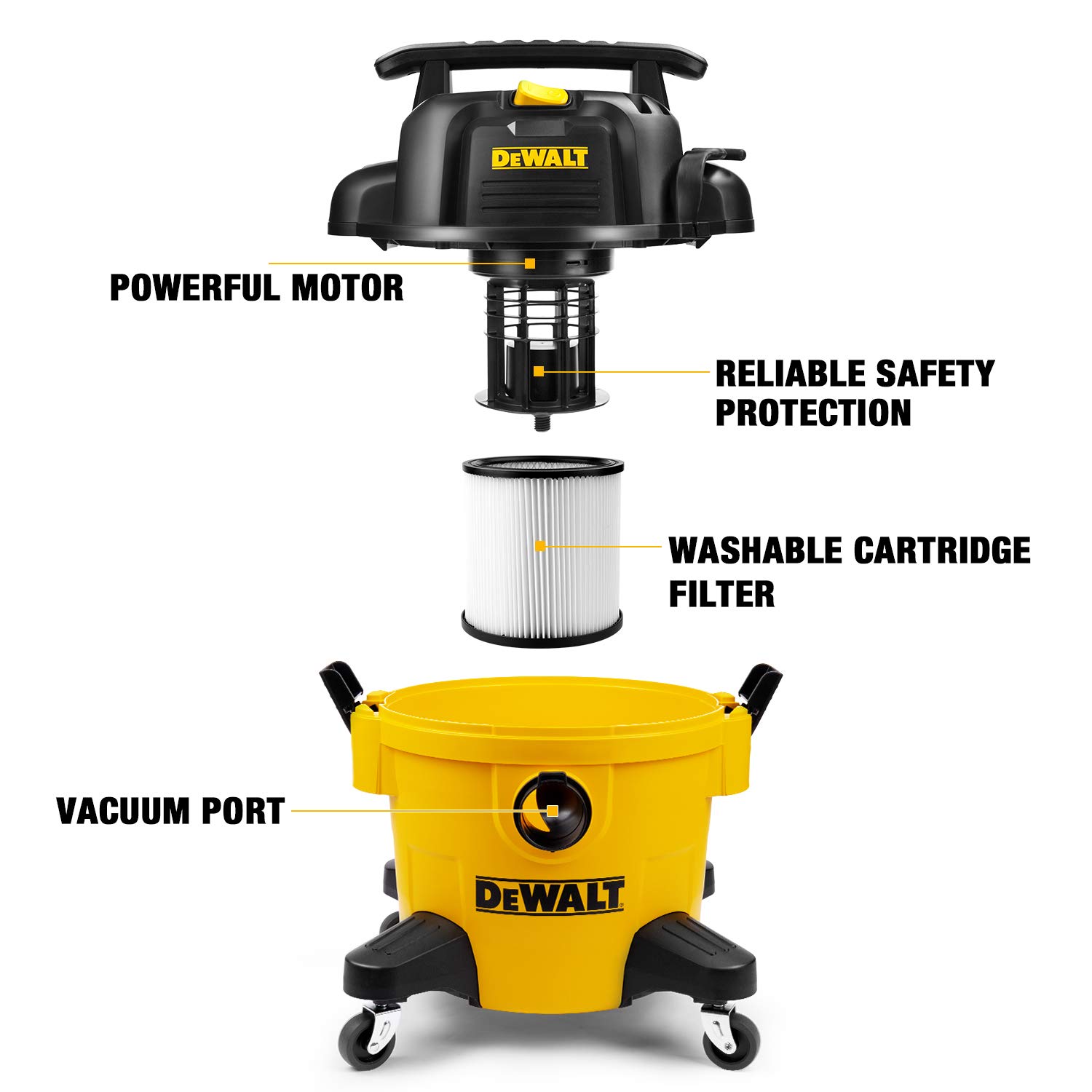 **DEWALT DXV06P 6 Gallon Wet/Dry Vacuum Cleaner - Yellow Workshop Vac with 1-7/8-Inch Accessory Kit (WS17854A) - Ideal for Homeowners, DIY Projects, Garage Cleaning & Workshop Use**