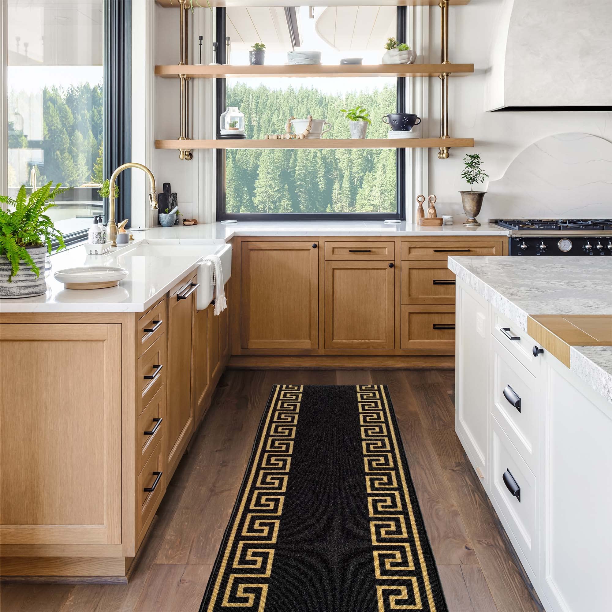 Custom Size Greek Key Design Black & Gold Non-Slip Rubber Backed Runner Rug - 31 Inch Wide x Your Length (31in x 17ft) - Perfect for Hallways, Stairs, Entryways & High Traffic Areas