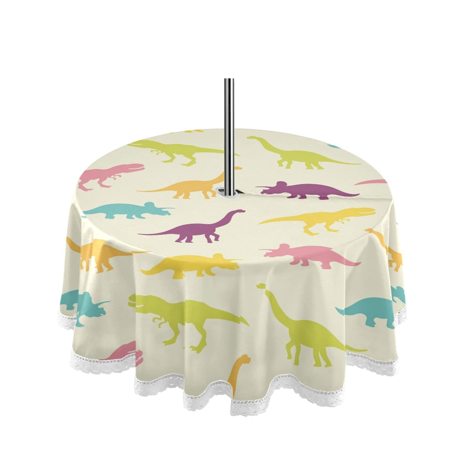Colorful Dinosaur Printed Outdoor Tablecloth with Umbrella Hole & Zipper - Waterproof Picnic Table Cover for Patio, Garden, Party - Machine Washable Spring Summer Decor for Picnics, BBQs, and Outdoor Dining