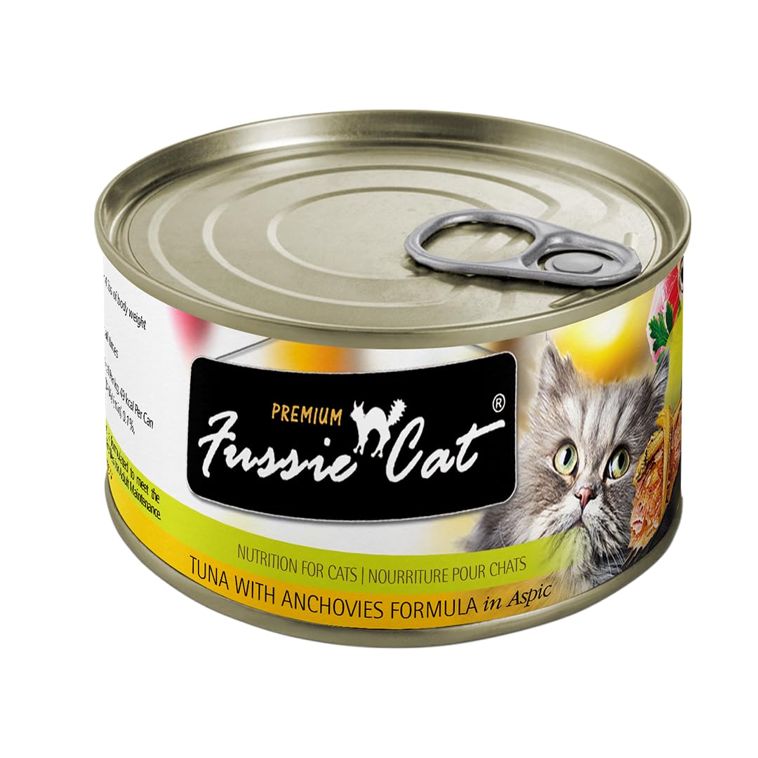 Fussie Cat Premium Tuna with Anchovies Wet Cat Food - Grain-Free, High Protein, Natural Ingredients - 5.5oz Cans (Pack of 24) - Healthy Meal for Adult & Senior Cats - Perfect for Picky Eaters & Weight Management