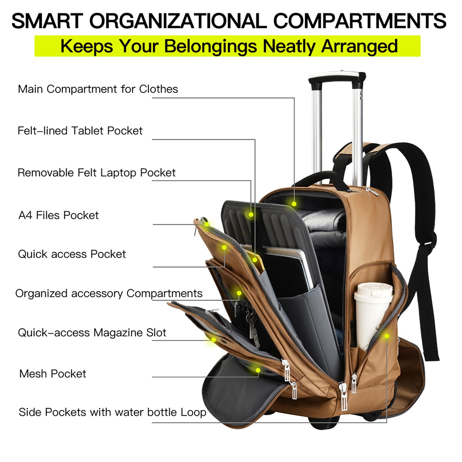 Rolling Laptop Bag with Wheels - Adjustable 13-17.3 Inch Wheeled Computer Backpack for Men & Women, Carry-on Travel Work Bag - Perfect for Business Trips, Commuting & Airplane Travel
