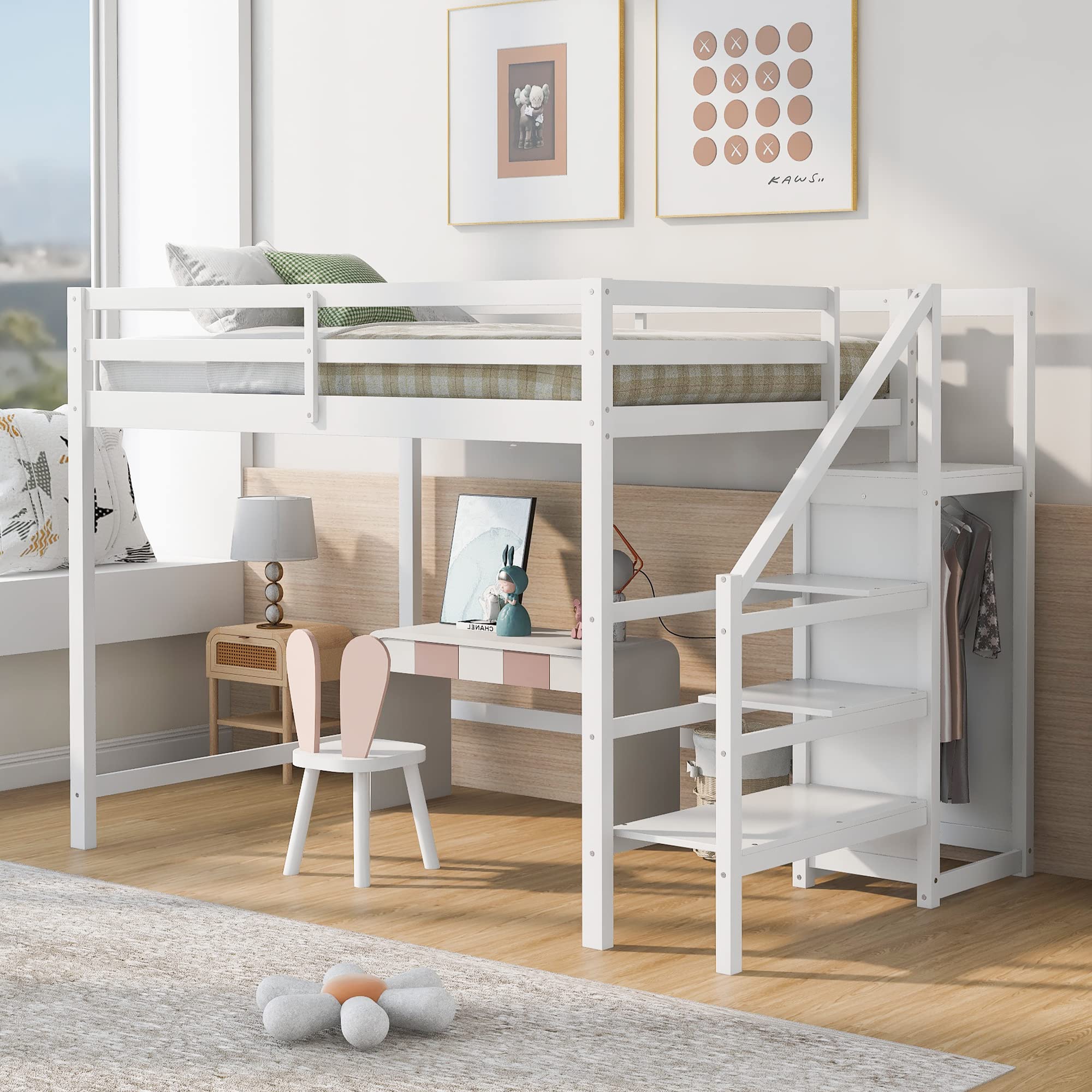 KLMM Full Size Loft Bed with Built-in Wardrobe & Staircase - Solid Wood Modern Loft Bed Frame with Safety Guard Rail - No Box Spring Needed - White Storage Loft Bed for Teens & Adults - Perfect for Small Bedrooms, Dorms & Studio Apartments